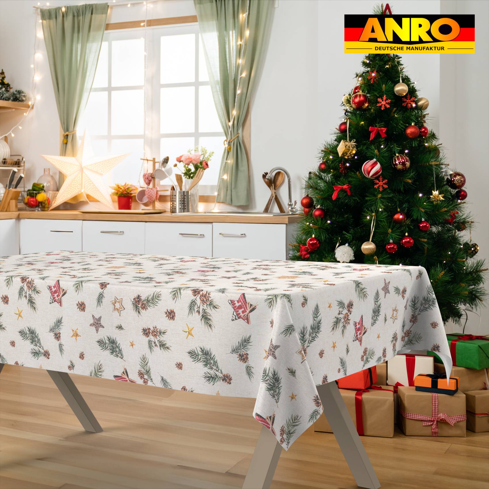 GTGANNA-35_SQ_31 Weihnachtstischdecke Stofftischdecke Tischwäsche abwaschbar Tischtuch Baumwolle Polyester Weihnachten Stern