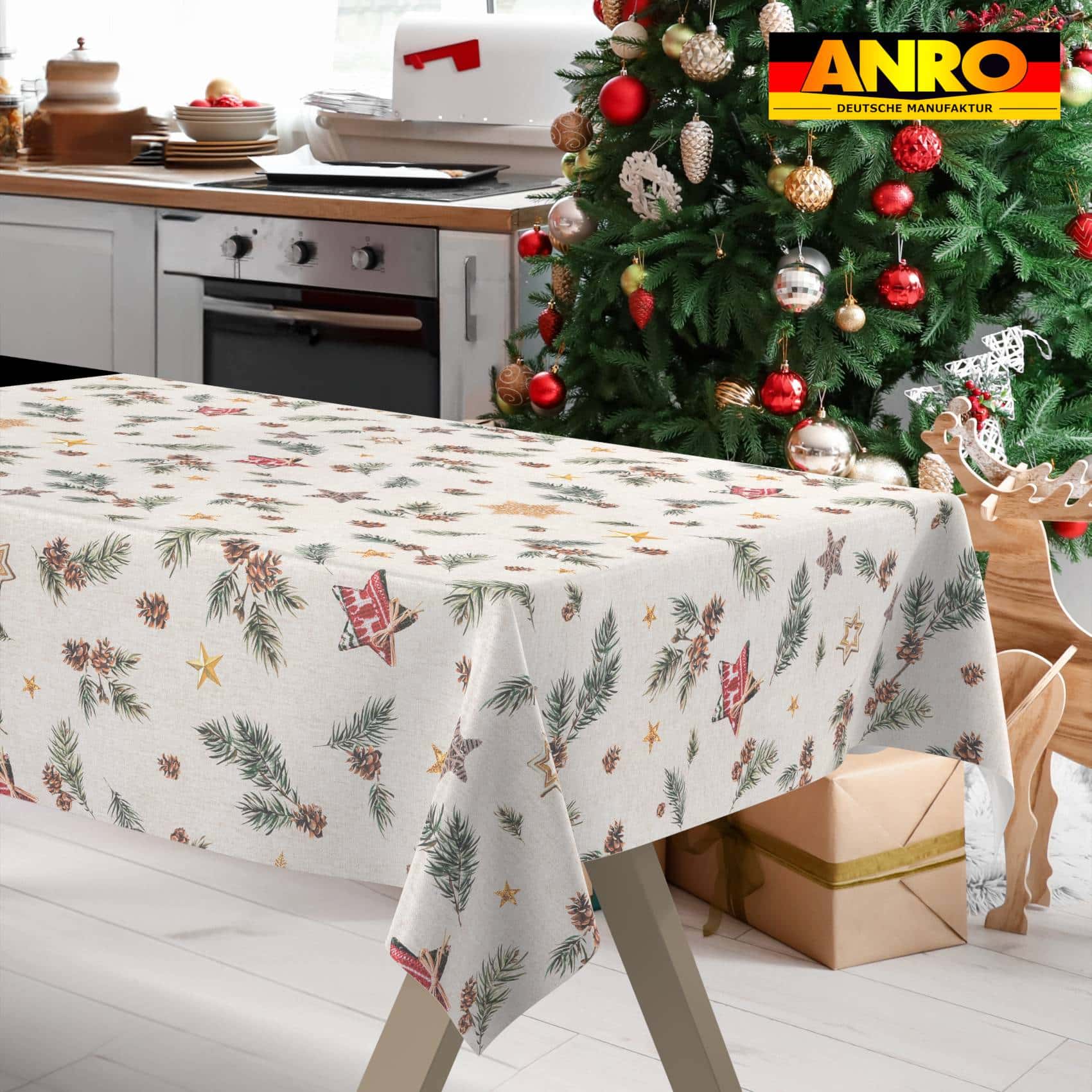 GTGANNA-35_SQ_33 Weihnachtstischdecke Stofftischdecke Tischwäsche abwaschbar Tischtuch Baumwolle Polyester Weihnachten Stern – 220x140cm, Schnittkante