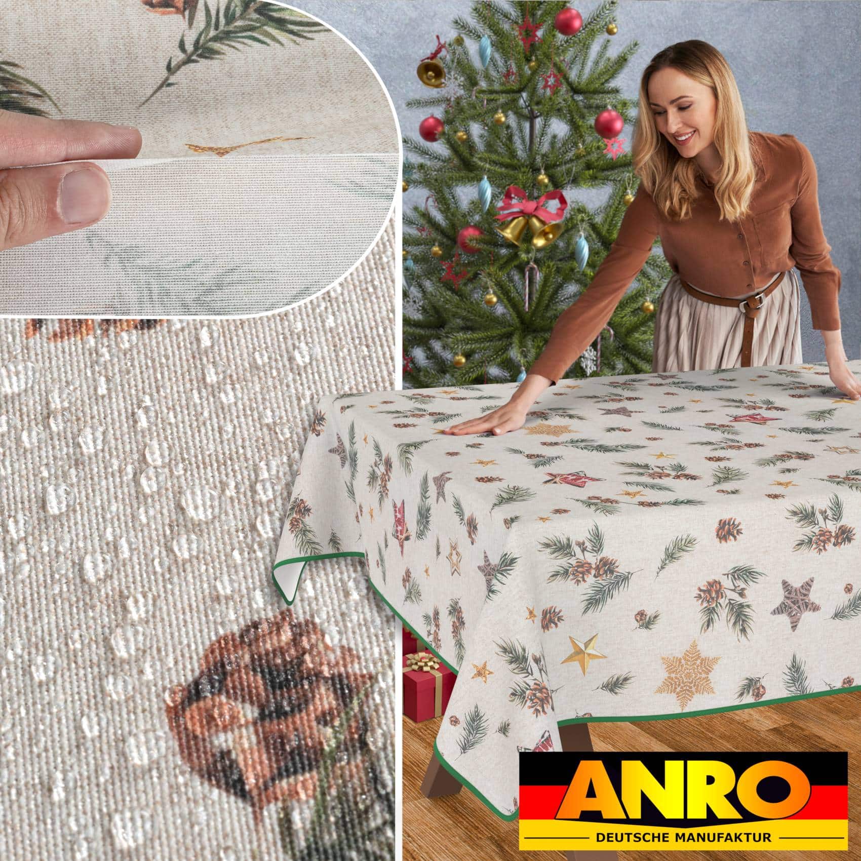 GTGANNA-35_SQ_50B Weihnachtstischdecke Stofftischdecke Tischwäsche abwaschbar Tischtuch Baumwolle Polyester Weihnachten Stern – 100x140cm, mit Saum (Eingefasst)