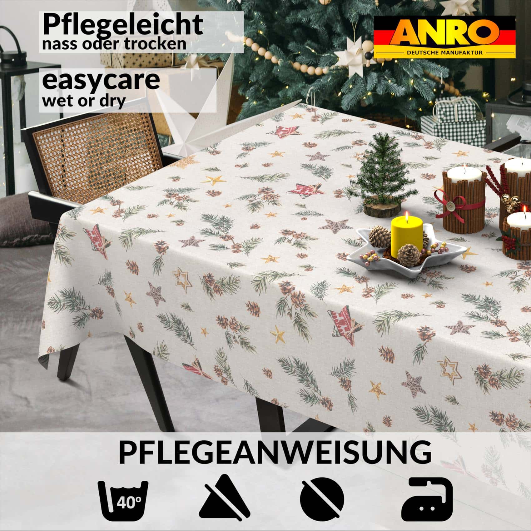 GTGANNA-35_SQ_91 Weihnachtstischdecke Stofftischdecke Tischwäsche abwaschbar Tischtuch Baumwolle Polyester Weihnachten Stern – 300x140cm, Schnittkante