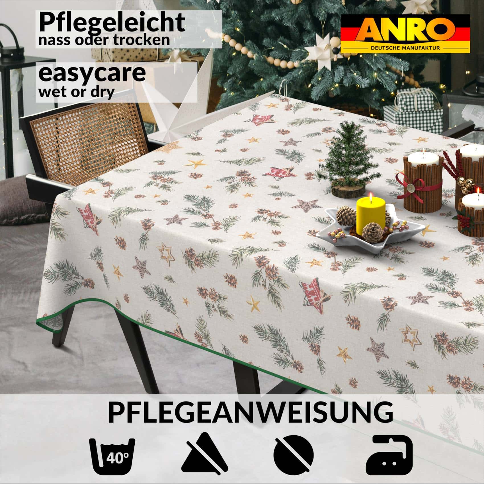 GTGANNA-35_SQ_91B Weihnachtstischdecke Stofftischdecke Tischwäsche abwaschbar Tischtuch Baumwolle Polyester Weihnachten Stern – 180x120cm, mit Saum (Eingefasst)