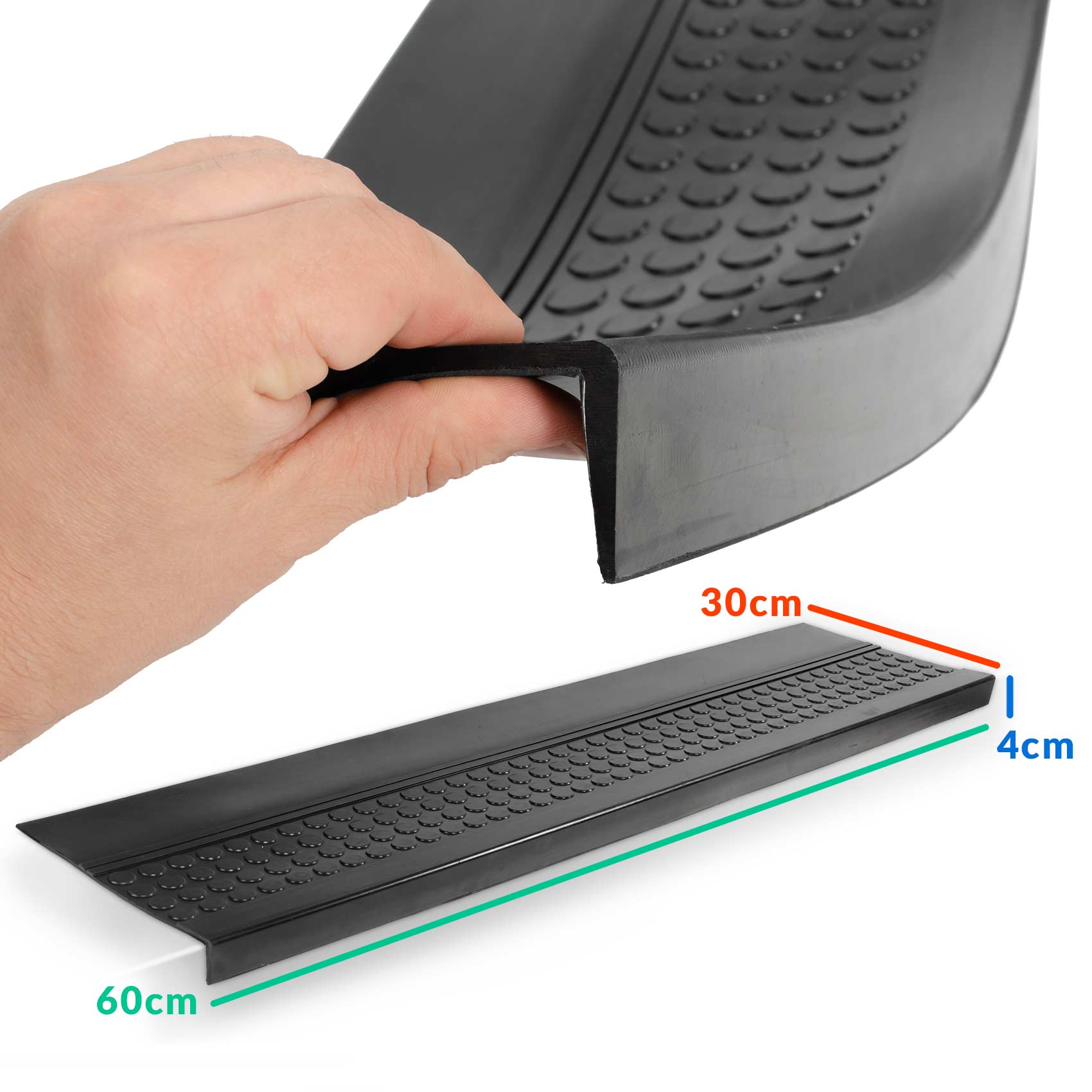 Gummi Stufenmatte mit Kantenschutz Noppen Schwarz Gummimatte Treppen außen – 60x30x4cm