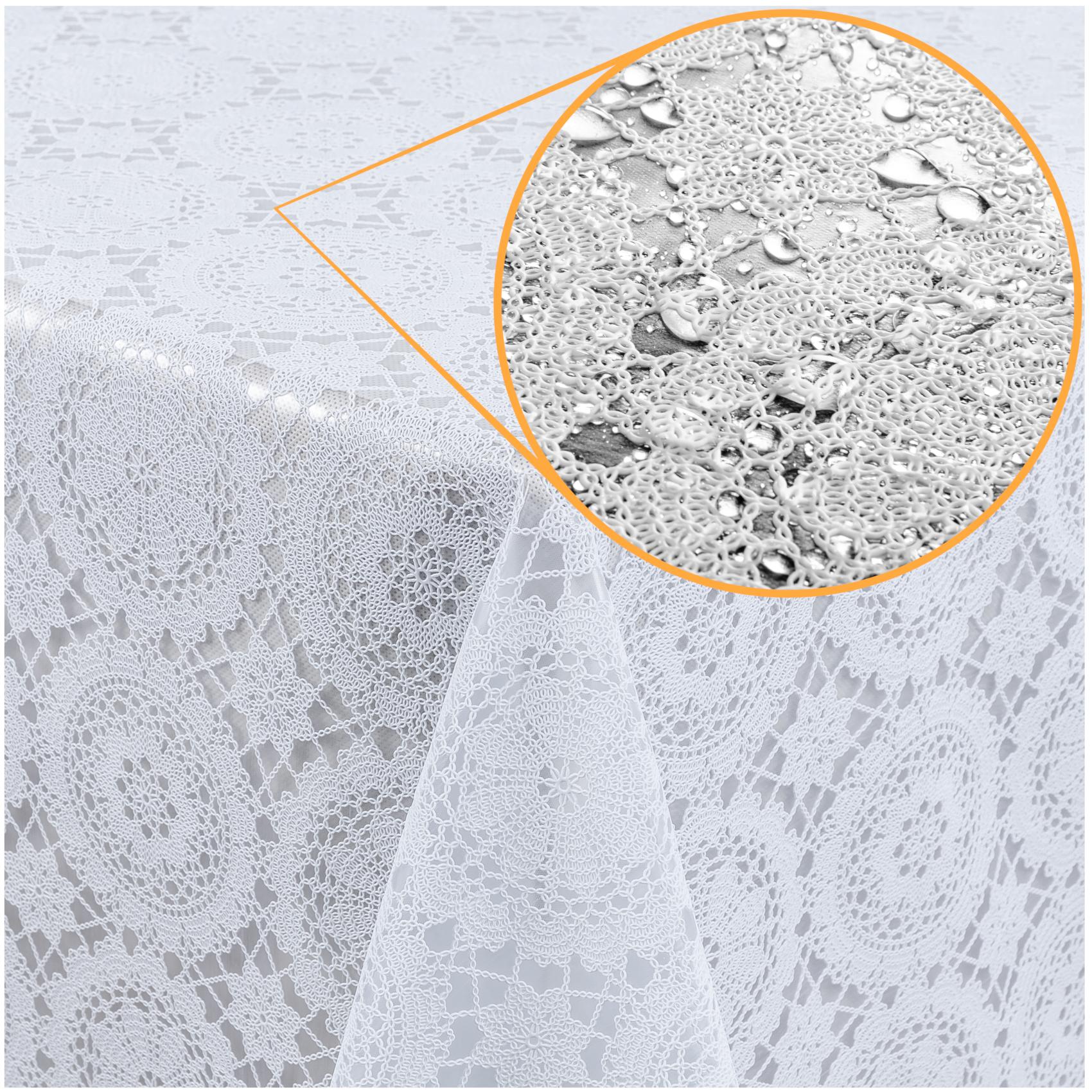 TR698W_10 Tischdecke abwaschbar Lace Vinyl Häkel Spitze Optik Kreise Weiß – 100x138cm