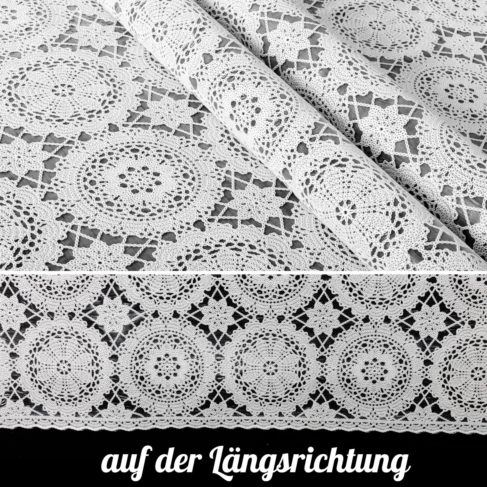 TR698W_20 Tischdecke abwaschbar Lace Vinyl Häkel Spitze Optik Kreise Weiß – 100x138cm