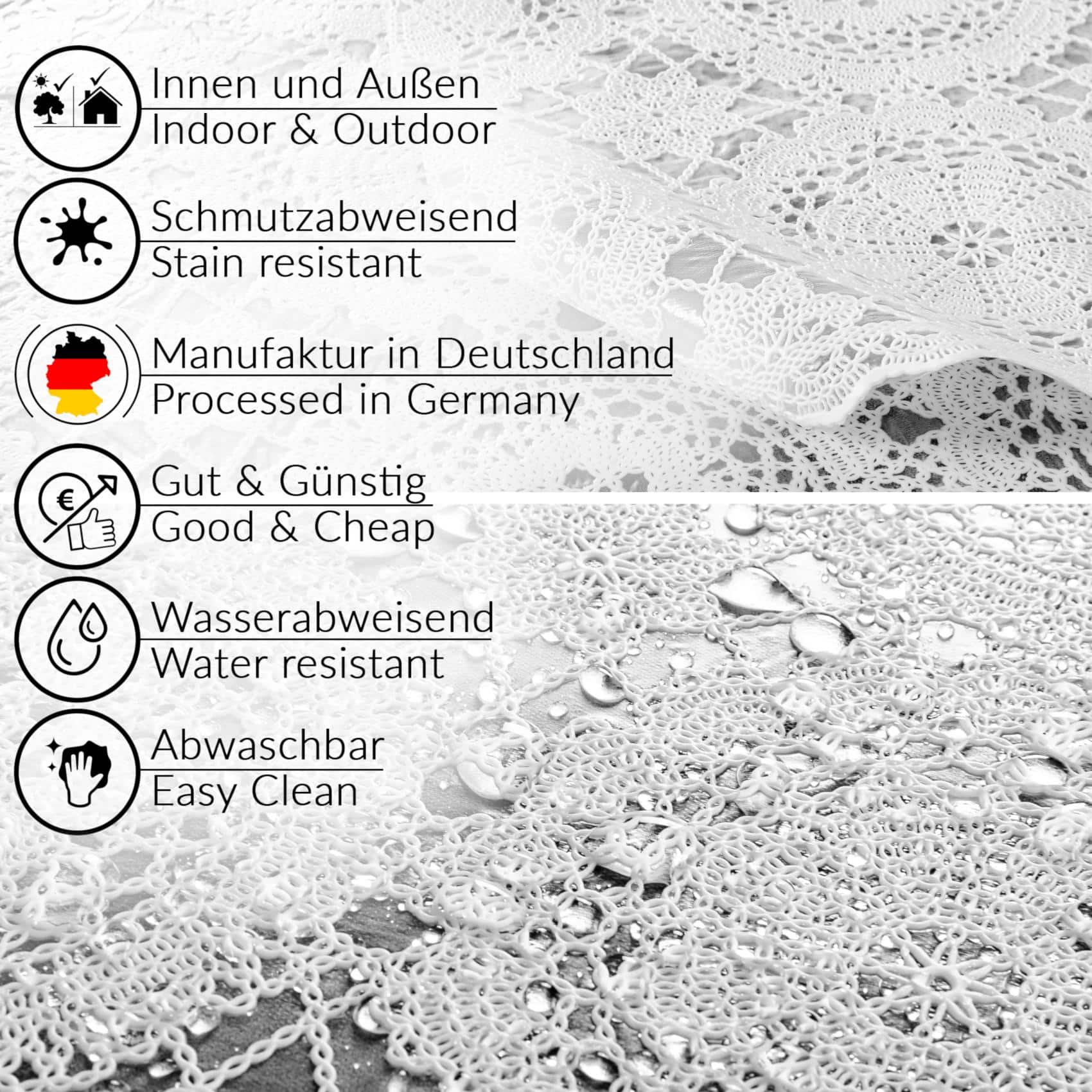 TR698W_40 Tischdecke abwaschbar Lace Vinyl Häkel Spitze Optik Kreise Weiß – 100x138cm