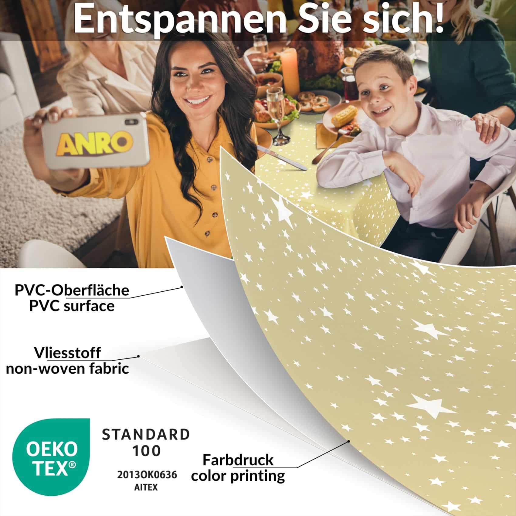 Weihnachtstischdecke Wachstuch Tischdecke Tischdecke Weihnachten abwaschbar Stern Motiv Beige – 180x140cm, Schnittkante