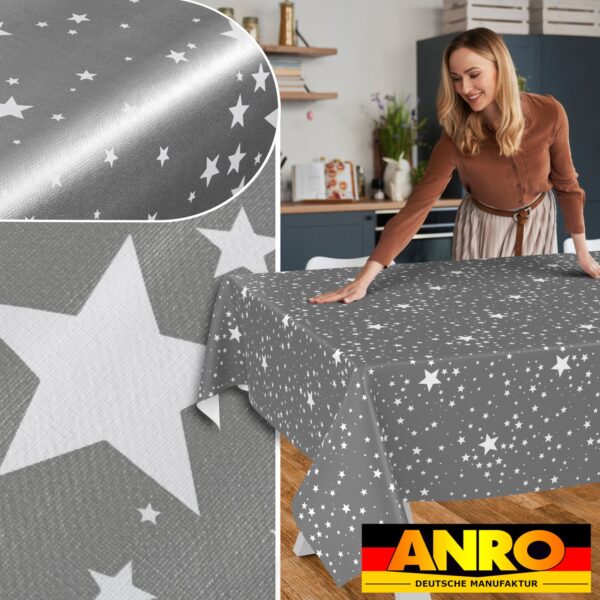 Weihnachtstischdecke Wachstuch Tischdecke Weihnachten abwaschbar Stern Motiv Grau – 90x130cm, Schnittkante