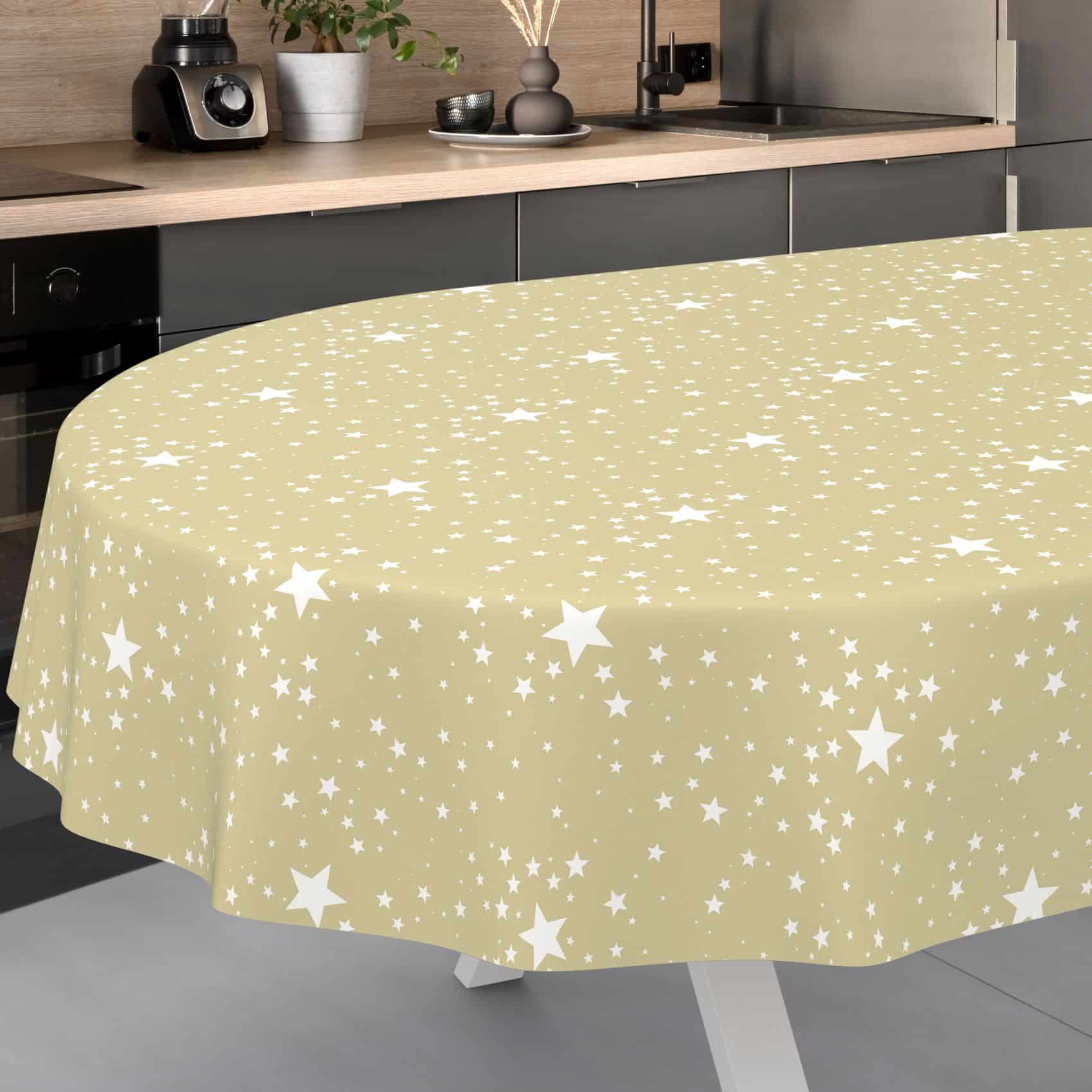 PPH63115E_OV_13 Weihnachtstischdecke Wachstuch Tischdecke Tischdecke Weihnachten abwaschbar Stern Motiv Beige – Oval 160x140cm, Schnittkante