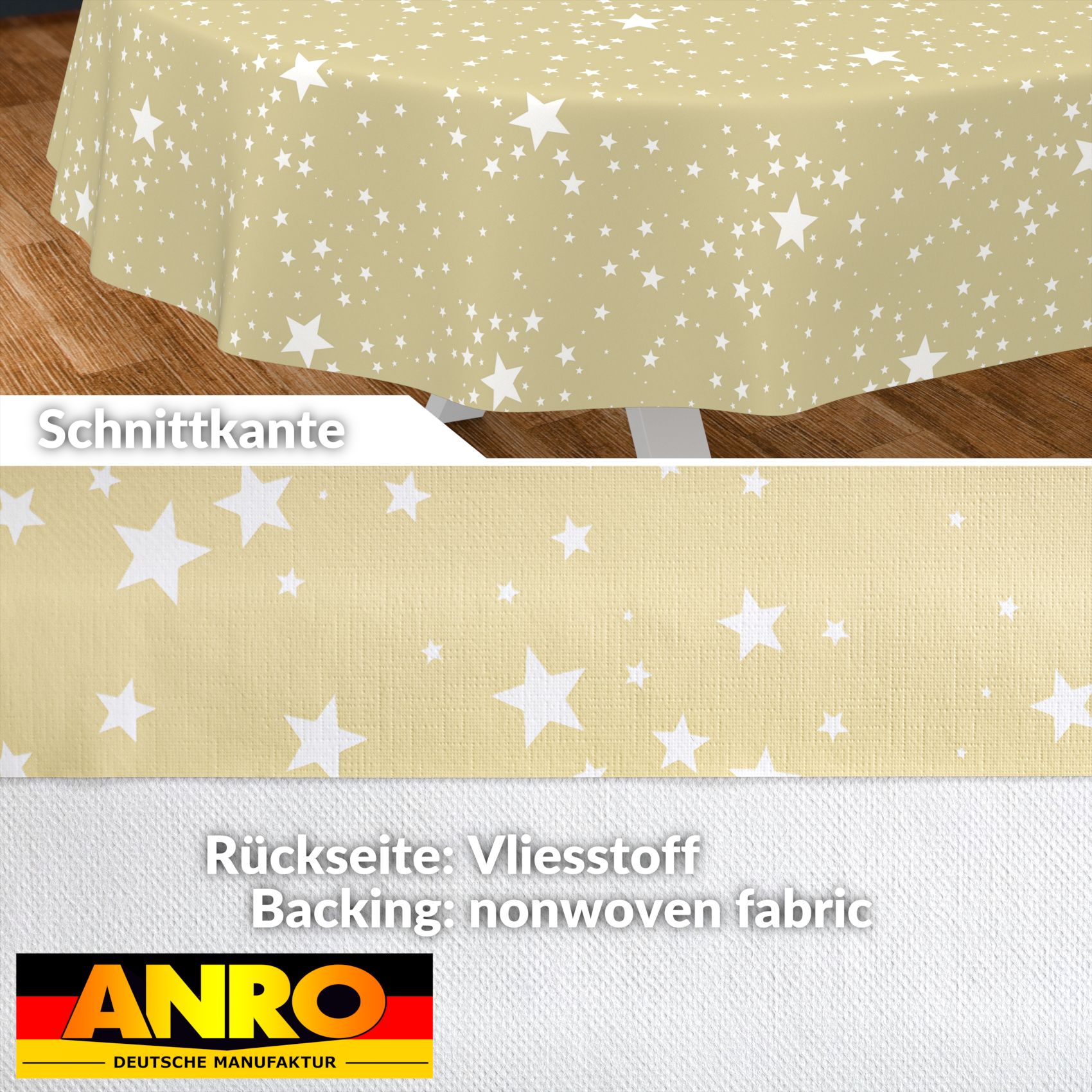 Weihnachtstischdecke Wachstuch Tischdecke Tischdecke Weihnachten abwaschbar Stern Motiv Beige – Oval 280x140cm, Schnittkante