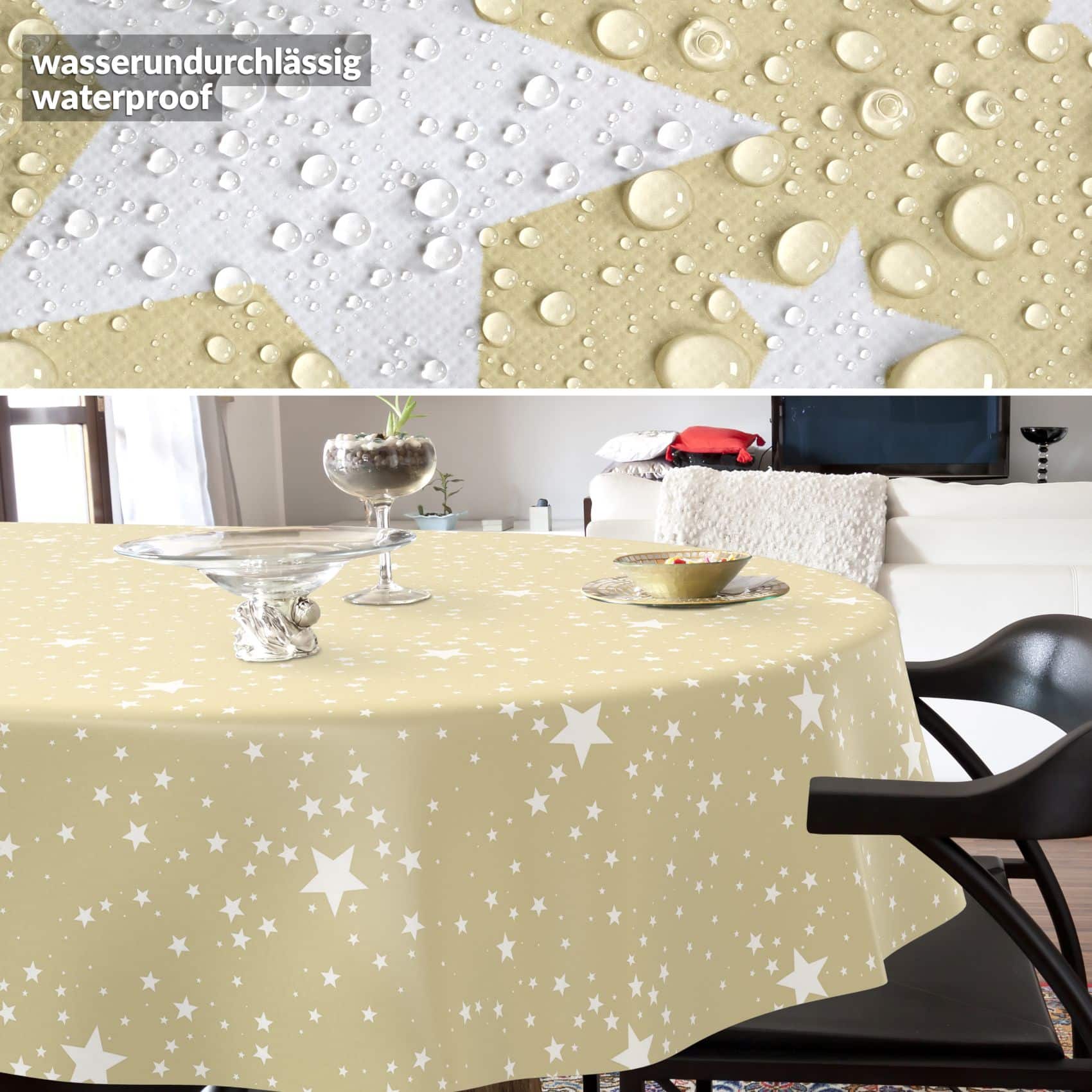 PPH63115E_OV_40 Weihnachtstischdecke Wachstuch Tischdecke Tischdecke Weihnachten abwaschbar Stern Motiv Beige – Oval 160x140cm, Schnittkante