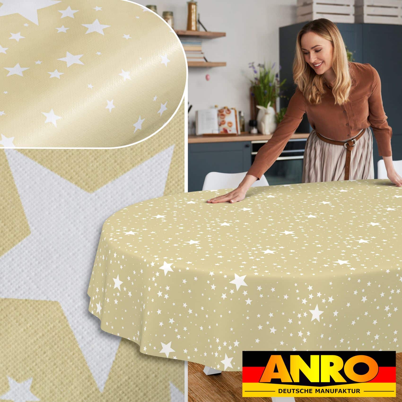 Weihnachtstischdecke Wachstuch Tischdecke Tischdecke Weihnachten abwaschbar Stern Motiv Beige – Oval 280x140cm, Schnittkante
