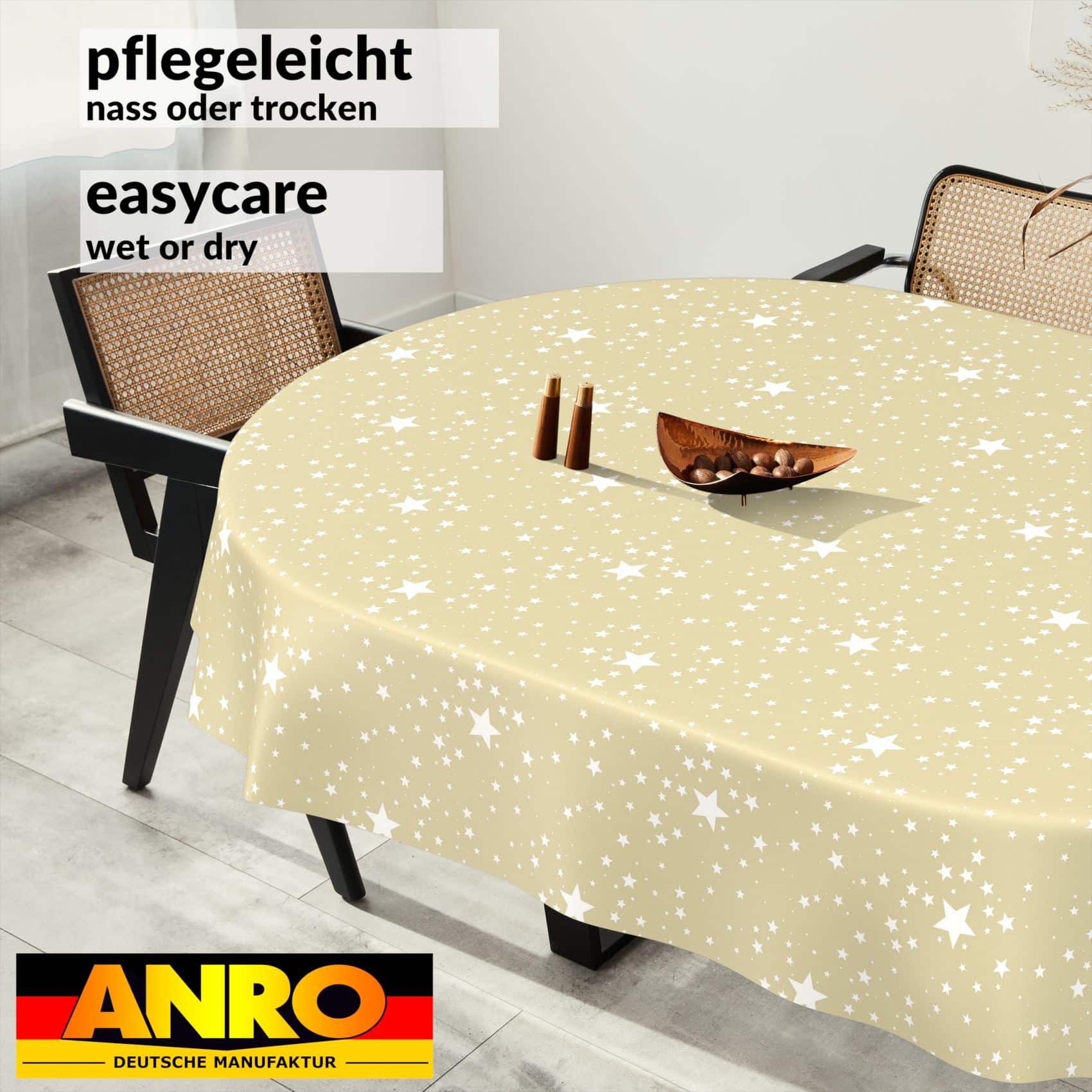 PPH63115E_OV_91 Weihnachtstischdecke Wachstuch Tischdecke Tischdecke Weihnachten abwaschbar Stern Motiv Beige – Oval 160x140cm, Schnittkante