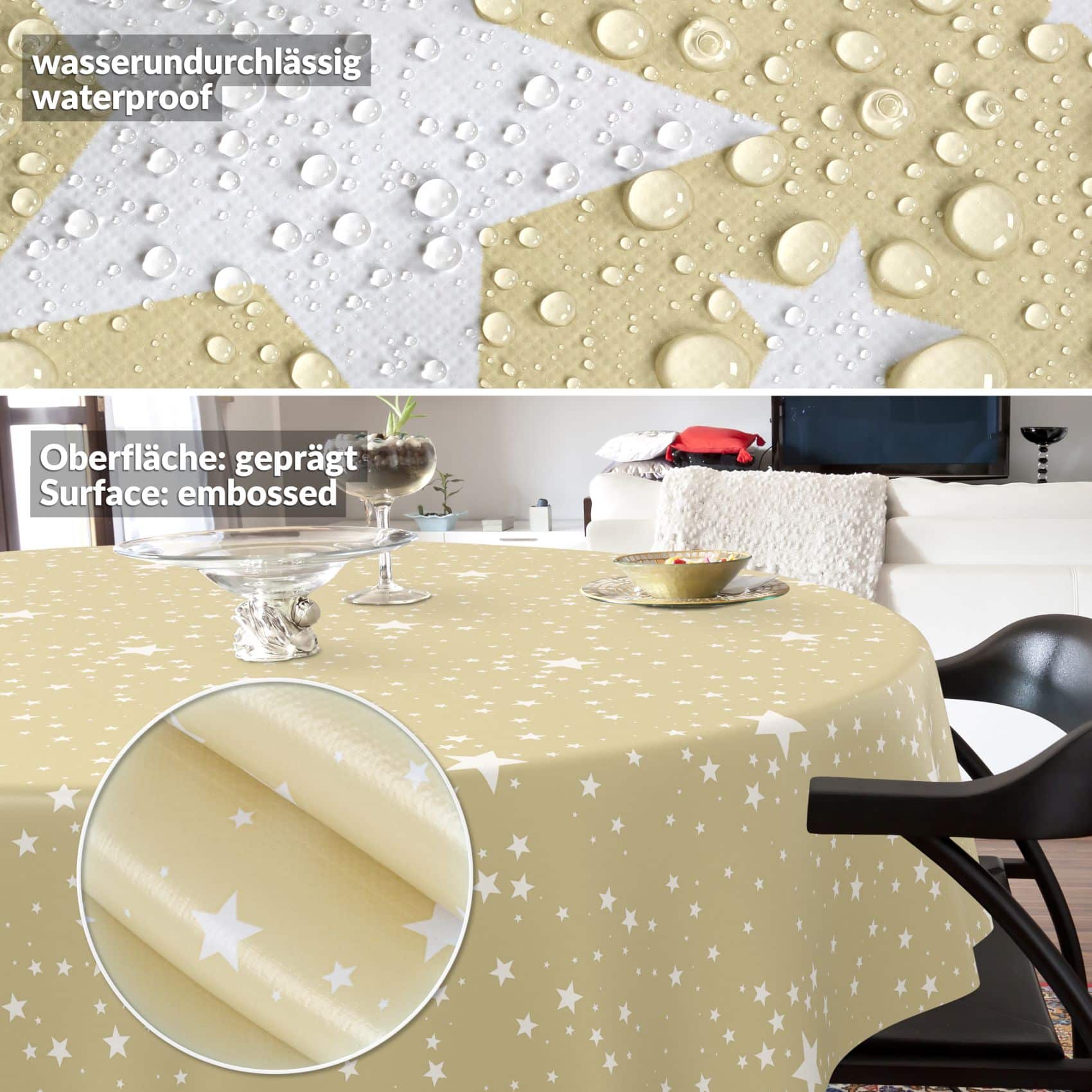 Weihnachtstischdecke Wachstuch Tischdecke Tischdecke Weihnachten abwaschbar Stern Motiv Beige – Rund 140cm, Schnittkante