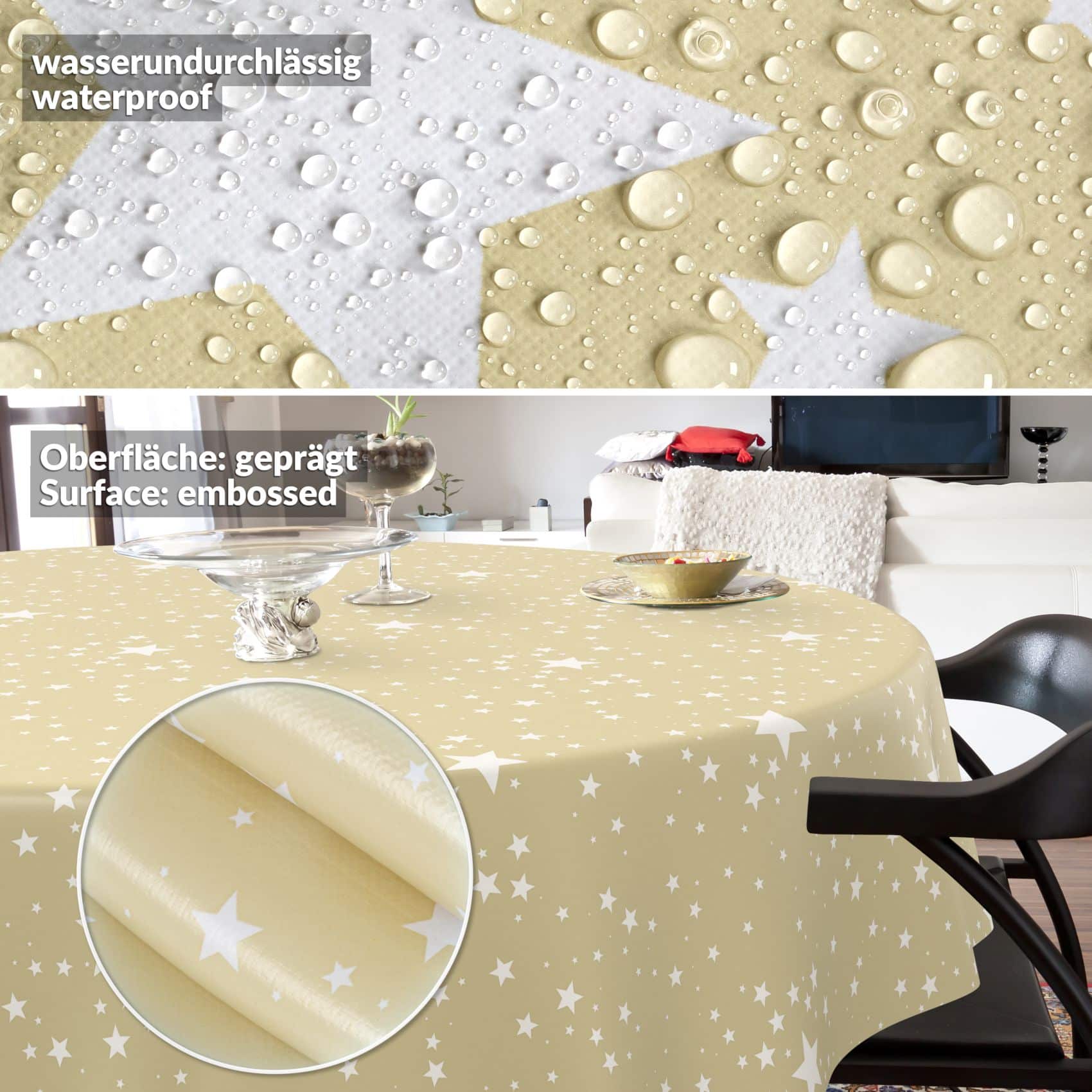 Weihnachtstischdecke Wachstuch Tischdecke Tischdecke Weihnachten abwaschbar Stern Motiv Beige – Rund 140cm, Schnittkante