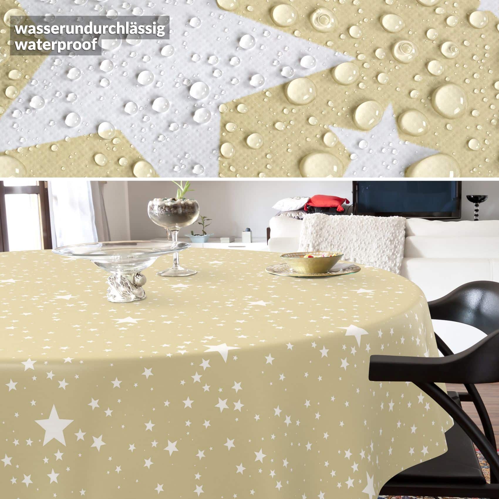 Weihnachtstischdecke Wachstuch Tischdecke Tischdecke Weihnachten abwaschbar Stern Motiv Beige – Rund 140cm, Schnittkante