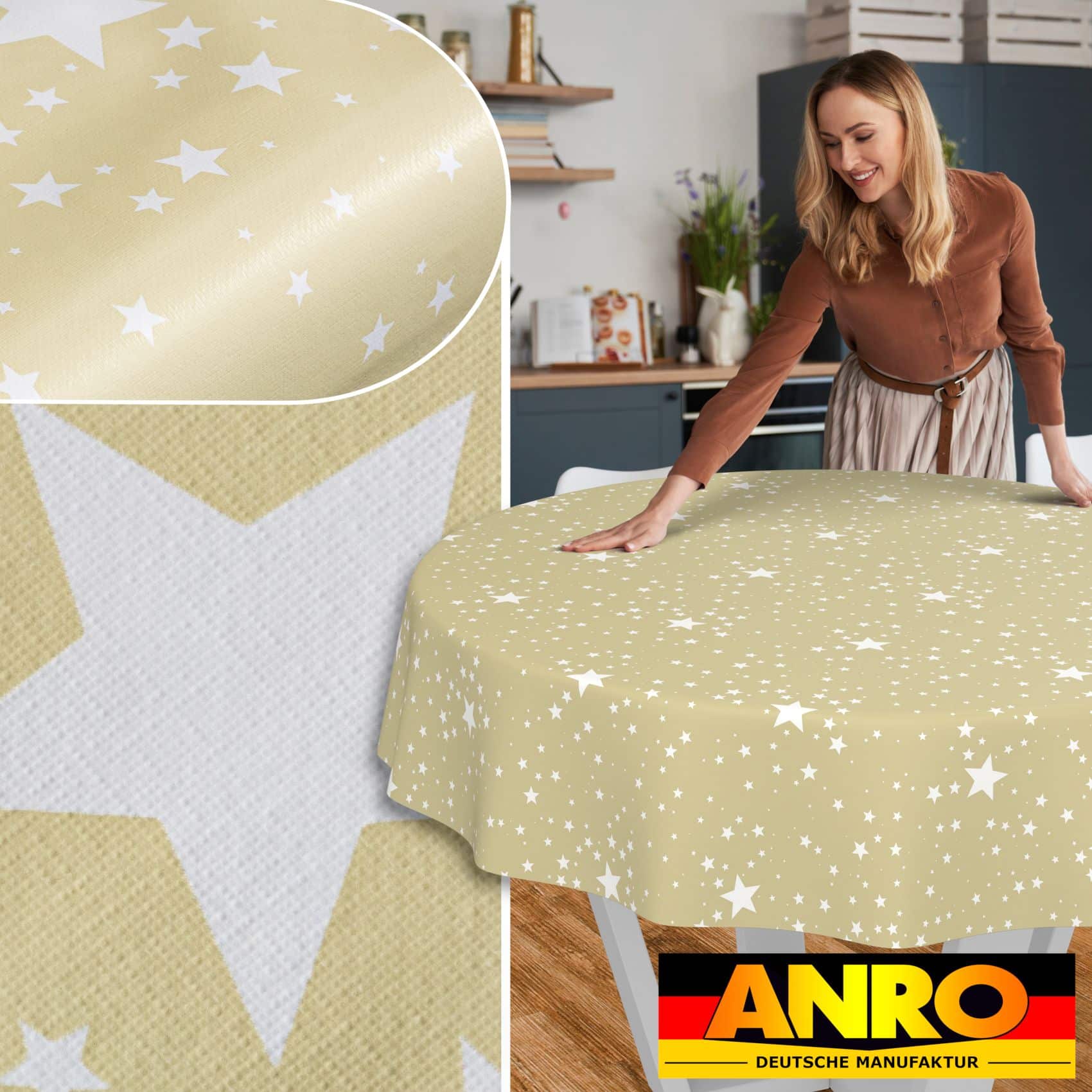Weihnachtstischdecke Wachstuch Tischdecke Tischdecke Weihnachten abwaschbar Stern Motiv Beige – Rund 100cm, Schnittkante