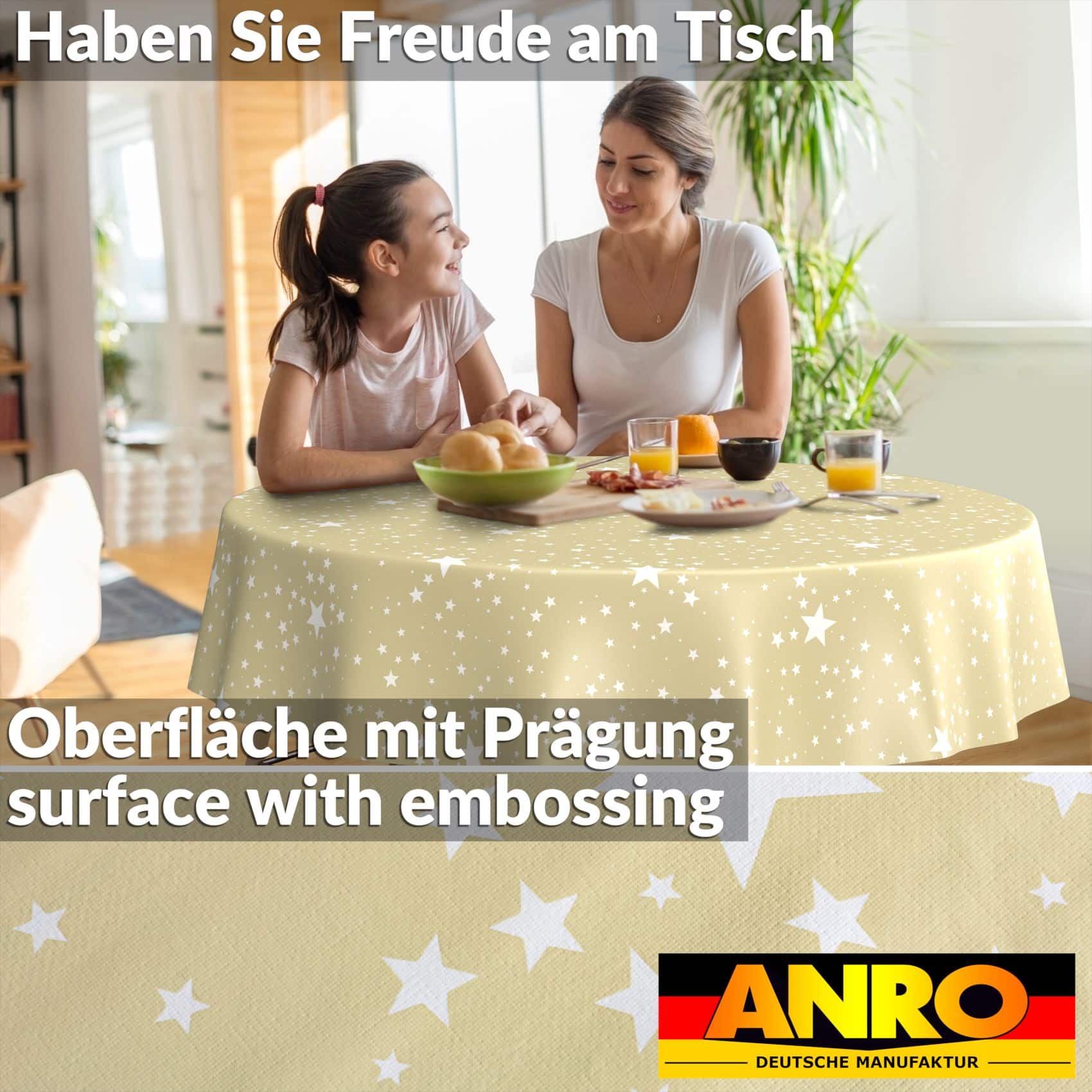 Weihnachtstischdecke Wachstuch Tischdecke Tischdecke Weihnachten abwaschbar Stern Motiv Beige – Rund 100cm, Schnittkante