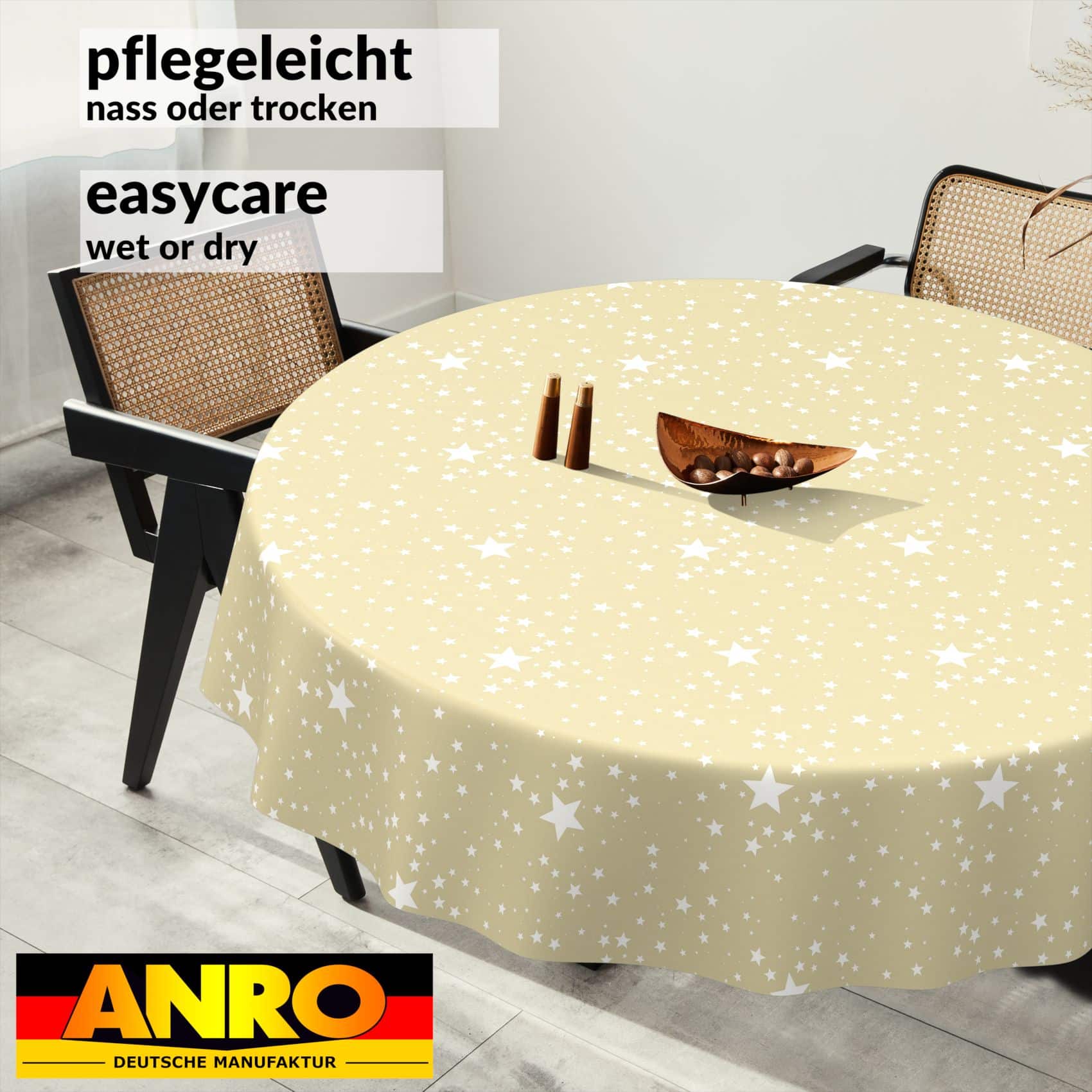 Weihnachtstischdecke Wachstuch Tischdecke Tischdecke Weihnachten abwaschbar Stern Motiv Beige – Rund 120cm, Schnittkante