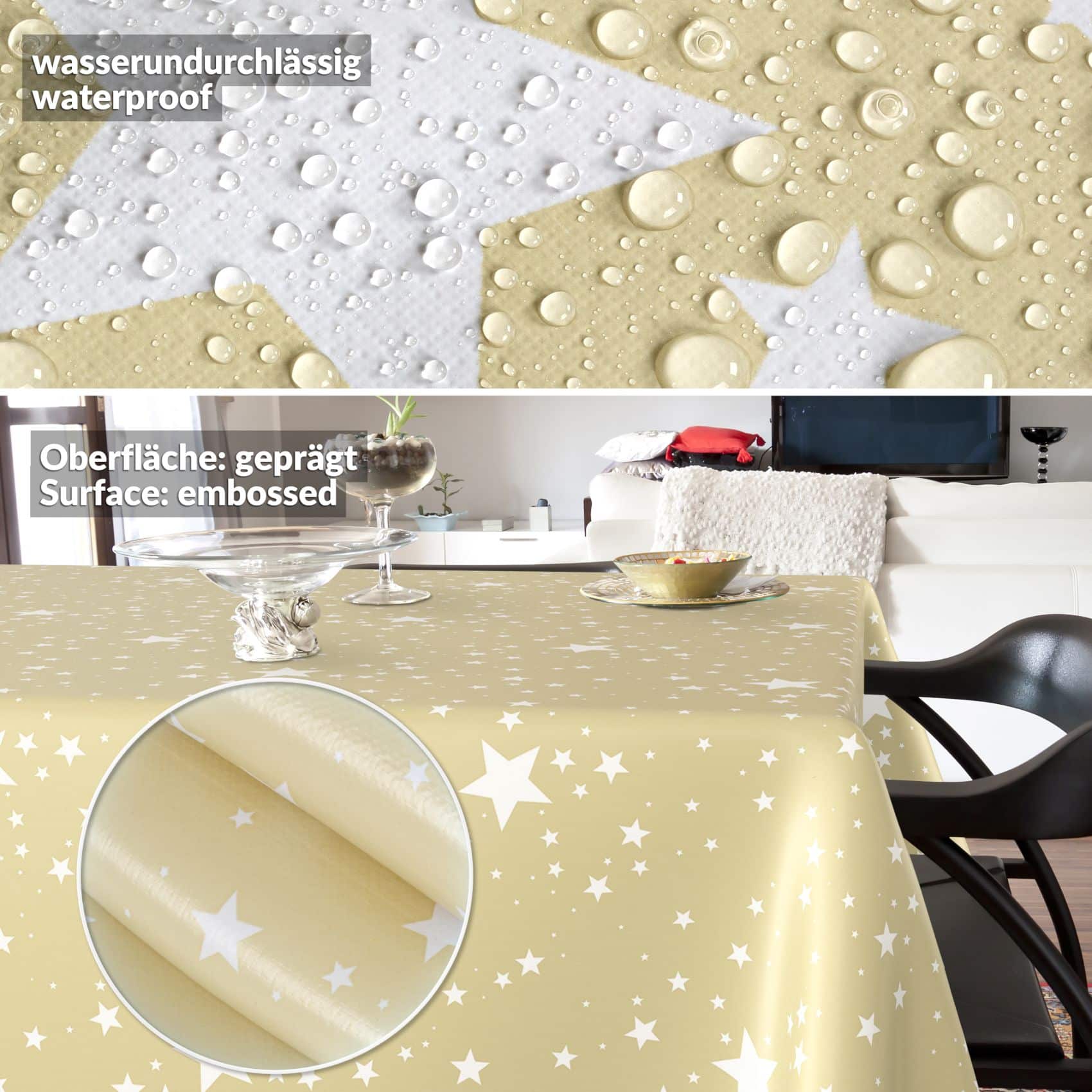 Weihnachtstischdecke Wachstuch Tischdecke Tischdecke Weihnachten abwaschbar Stern Motiv Beige – 400x140cm, Schnittkante