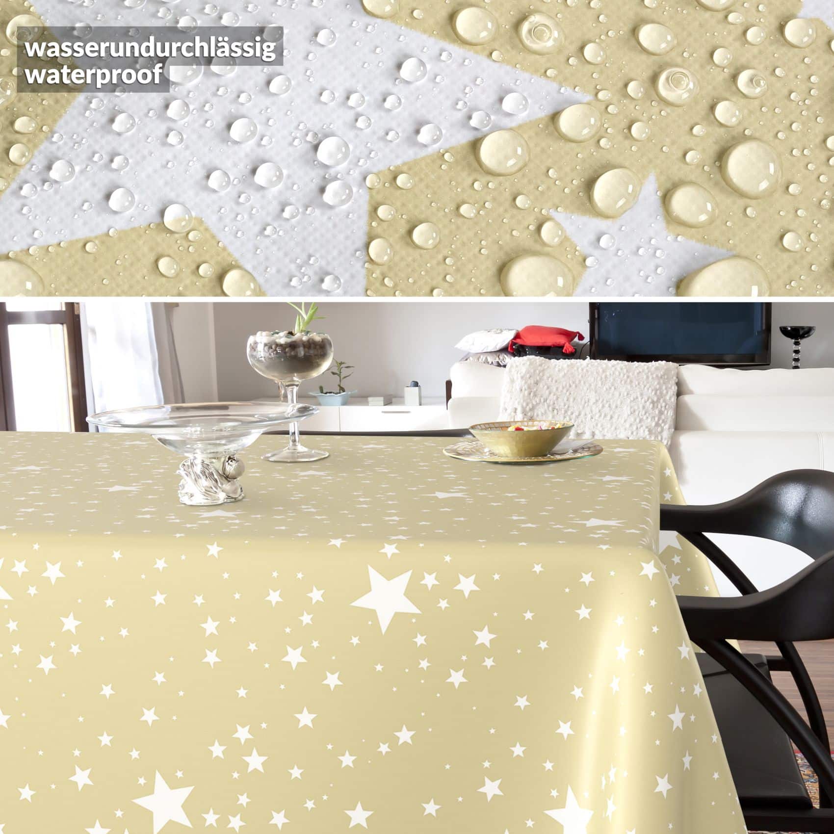 Weihnachtstischdecke Wachstuch Tischdecke Tischdecke Weihnachten abwaschbar Stern Motiv Beige – 2000x140cm (20m), Schnittkante