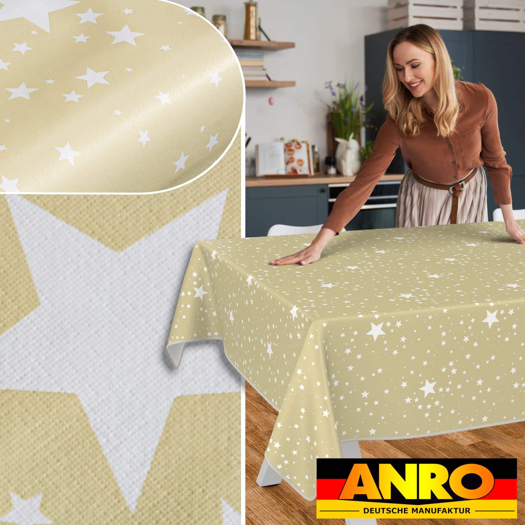 Weihnachtstischdecke Wachstuch Tischdecke Tischdecke Weihnachten abwaschbar Stern Motiv Beige – 220x140cm, mit Saum (Eingefasst)