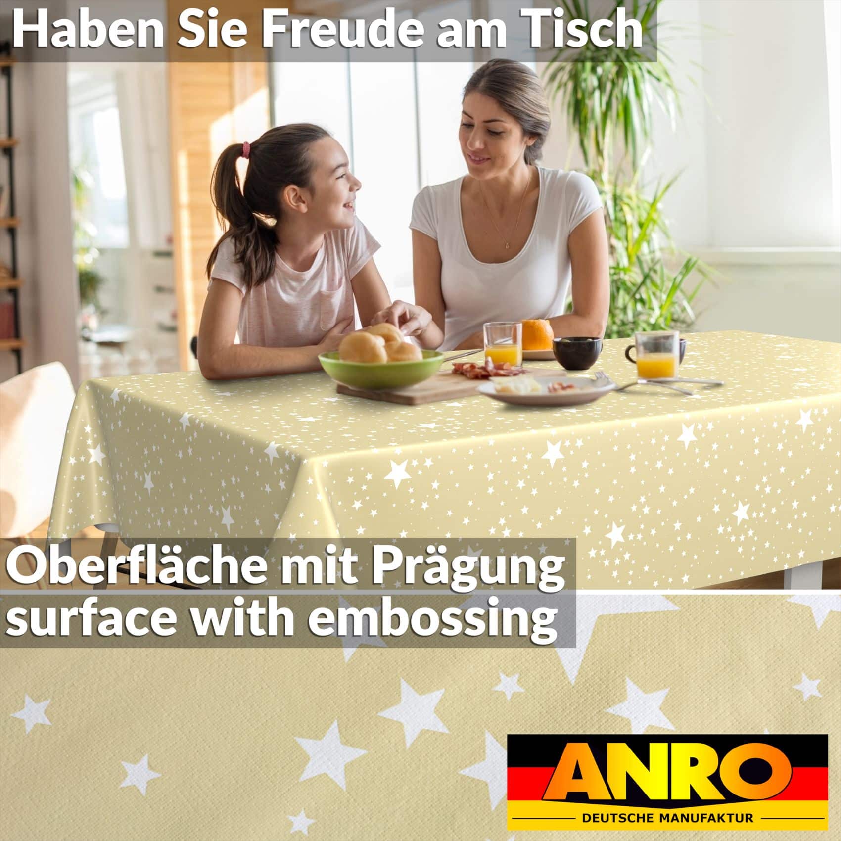 Weihnachtstischdecke Wachstuch Tischdecke Tischdecke Weihnachten abwaschbar Stern Motiv Beige – 300x140cm, Schnittkante