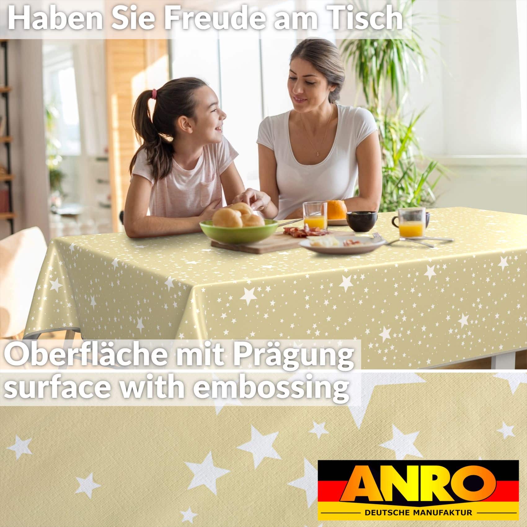 Weihnachtstischdecke Wachstuch Tischdecke Tischdecke Weihnachten abwaschbar Stern Motiv Beige – 90x130cm, mit Saum (Eingefasst)