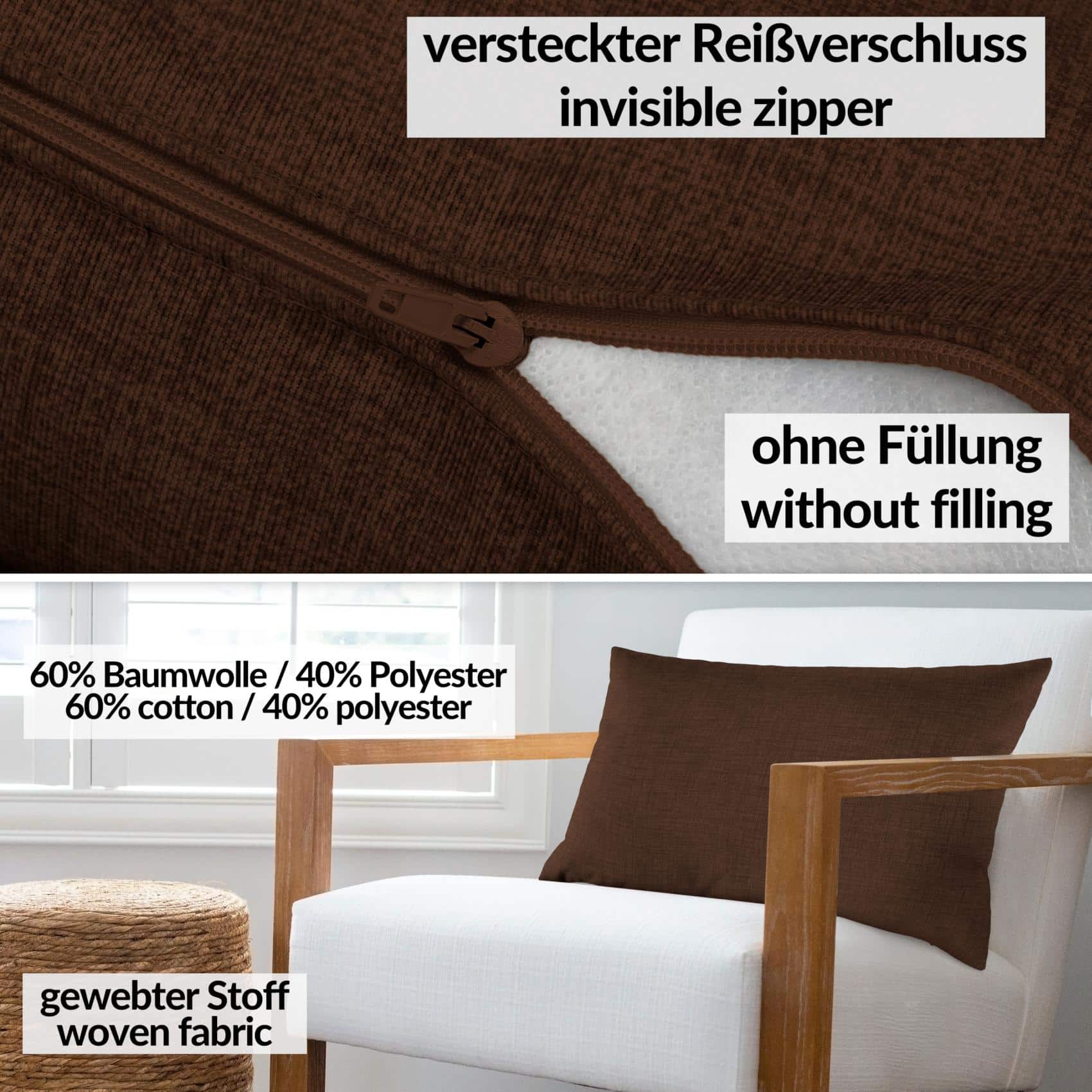Kissenbezüge Leinenoptik Sofakissen Dekokissen 4 Größen mit & ohne Füllung Dunkelbraun – 30x50cm, ohne Füllung