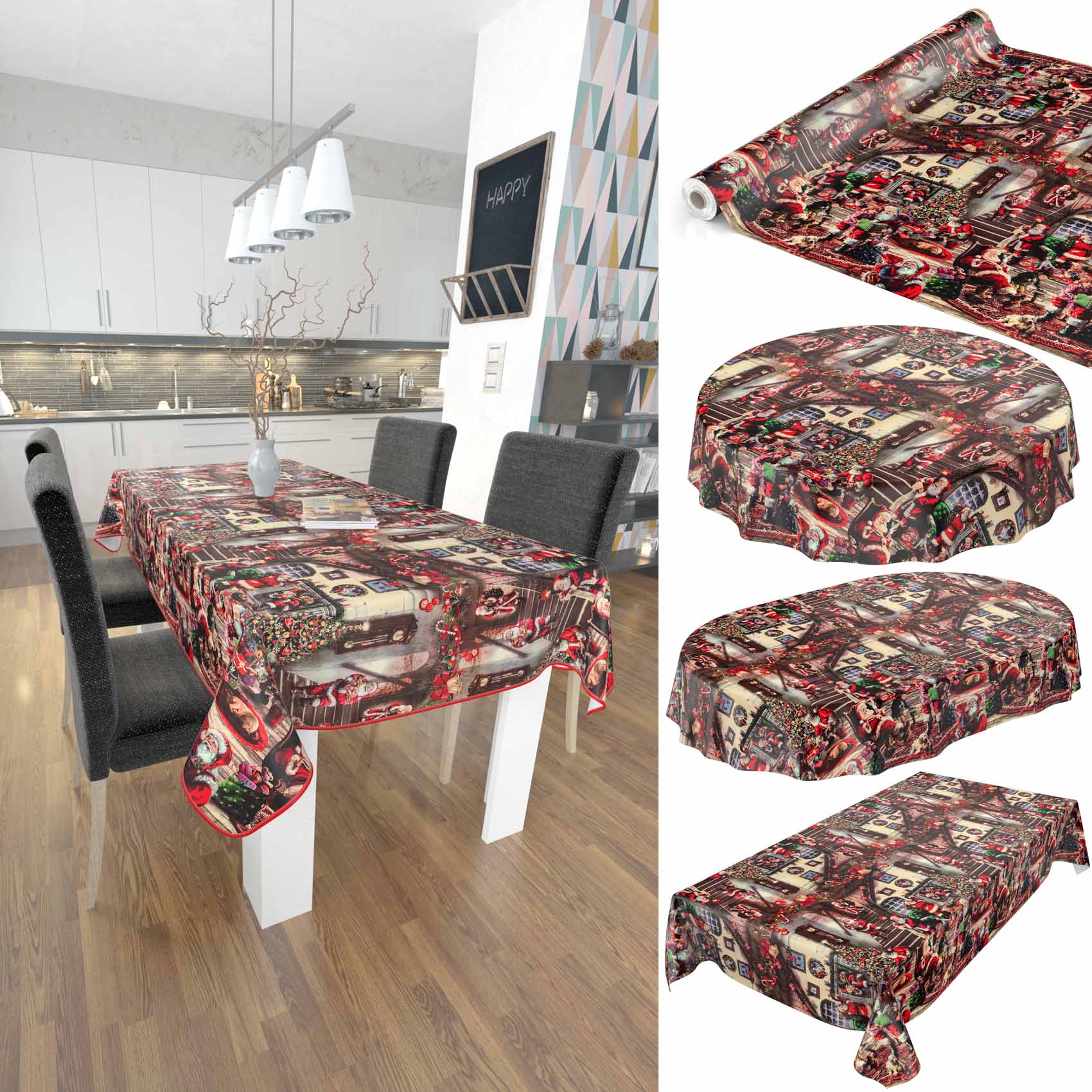 D0025D_10_52_1 Tischdecke Weihnachten Geschenk Weihnachtsman abwischbar Wachstuch Wachstuchtischdecke – Rund 120cm, Schnittkante