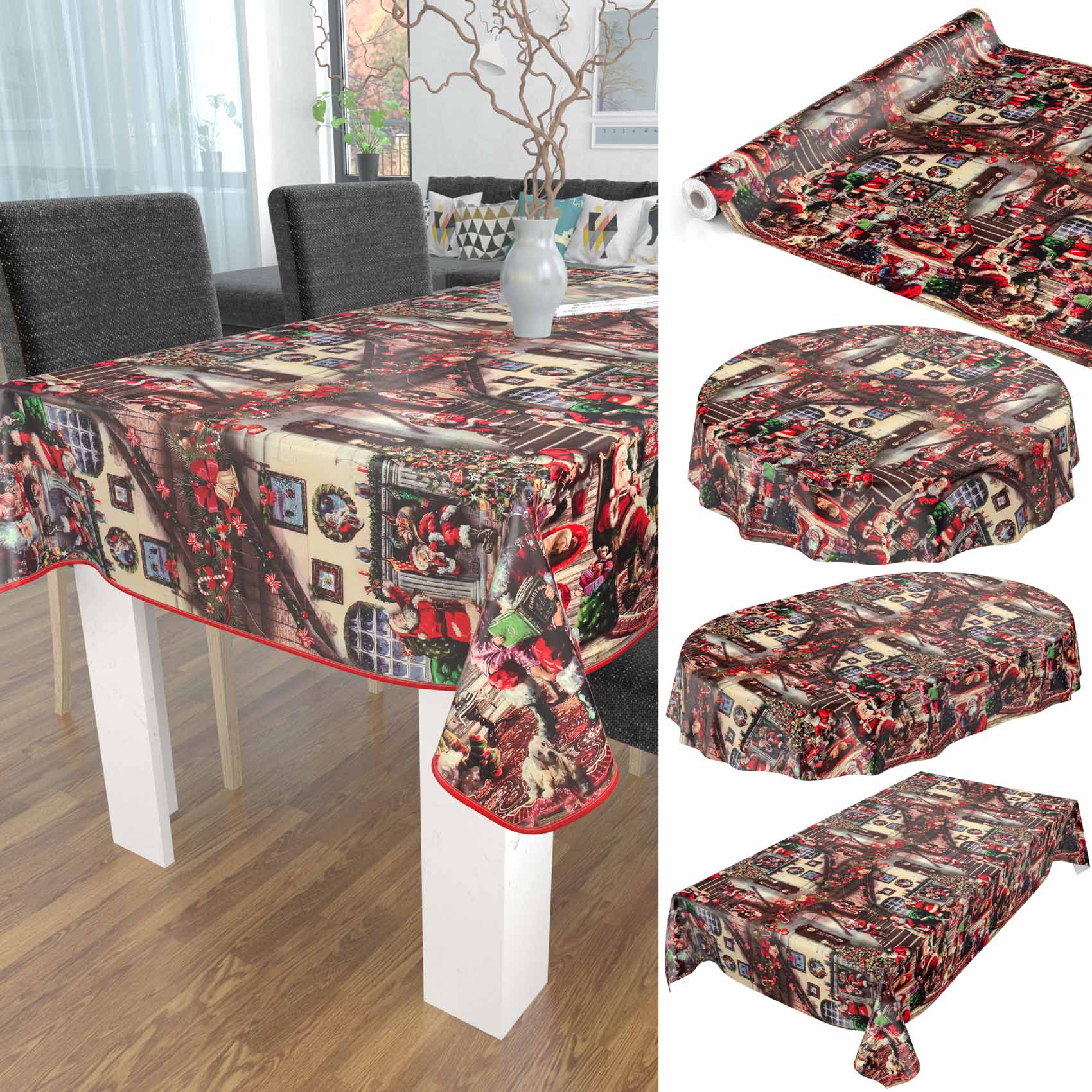 D0025D_10_52_3 Tischdecke Weihnachten Geschenk Weihnachtsman abwischbar Wachstuch Wachstuchtischdecke – Rund 100cm, Schnittkante