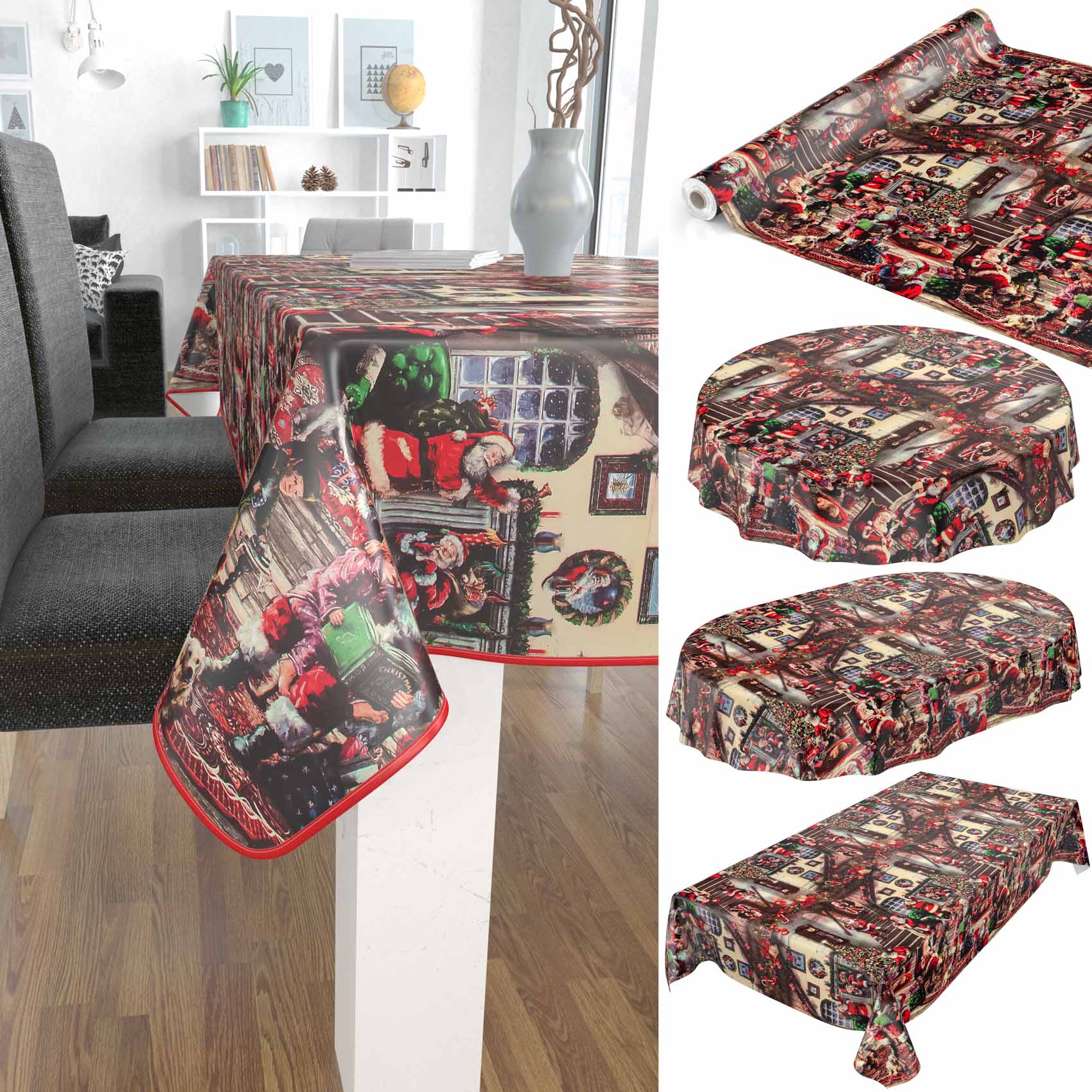 D0025D_10_52_4 Tischdecke Weihnachten Geschenk Weihnachtsman abwischbar Wachstuch Wachstuchtischdecke – 120x140cm, Paspelband (Eingefasst)