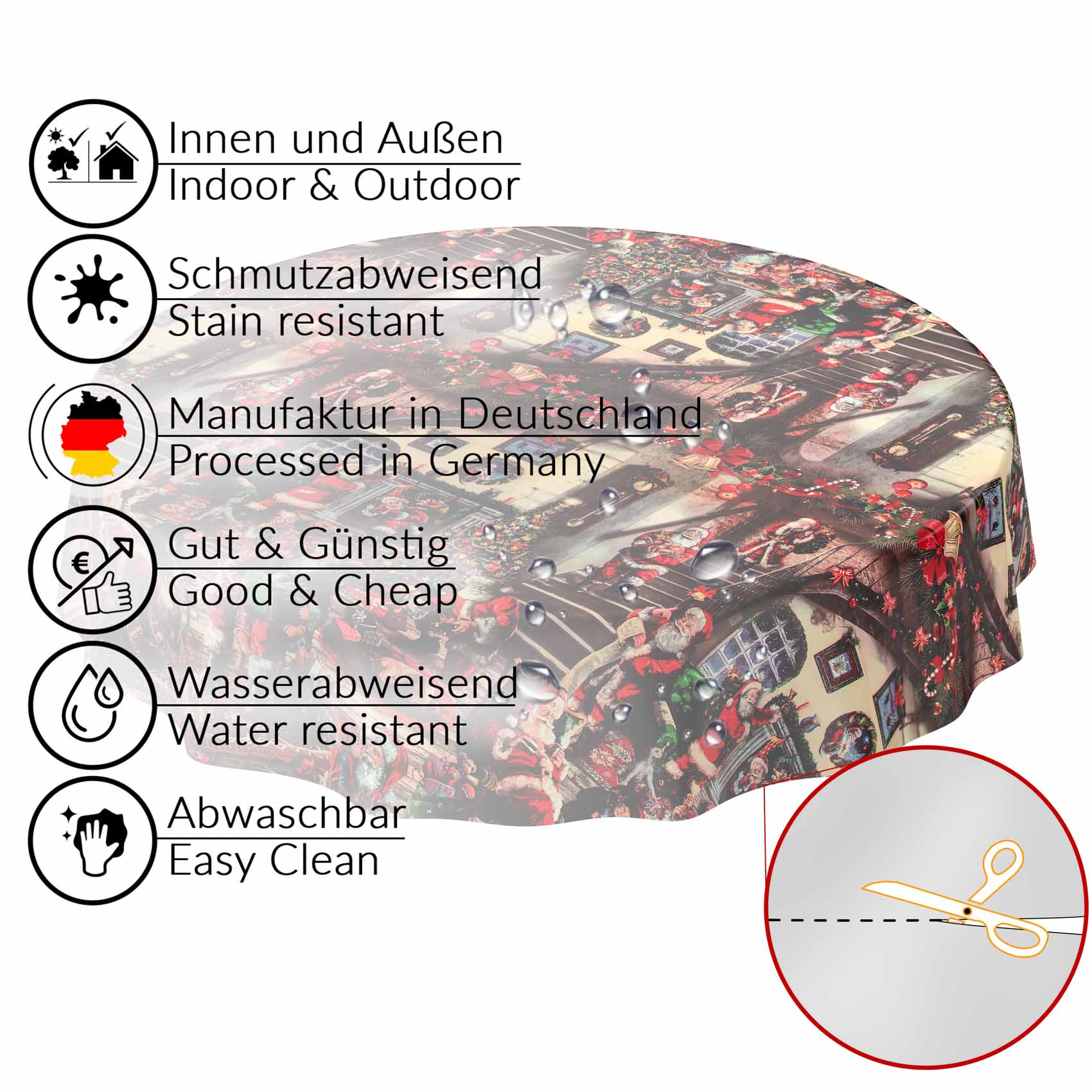 D0025D_31 Tischdecke Weihnachten Geschenk Weihnachtsman abwischbar Wachstuch Wachstuchtischdecke – Rund 100cm, Schnittkante