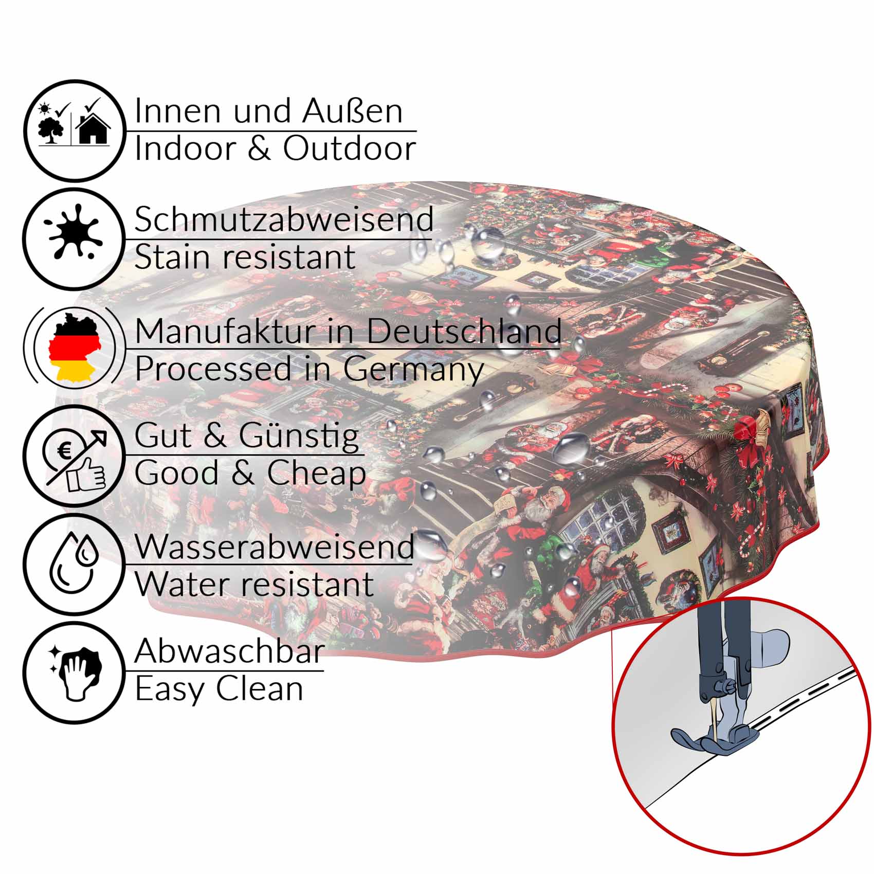 D0025D_31B Tischdecke Weihnachten Geschenk Weihnachtsman abwischbar Wachstuch Wachstuchtischdecke – Rund 100cm, Paspelband (Eingefasst)