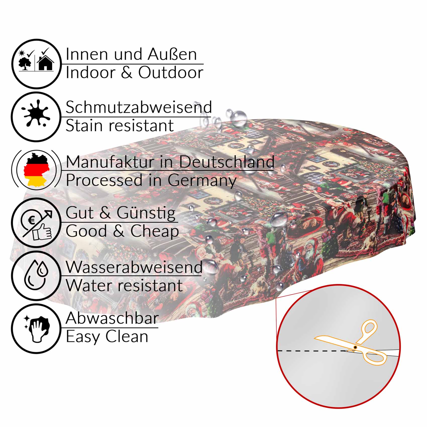 D0025D_33 Tischdecke Weihnachten Geschenk Weihnachtsman abwischbar Wachstuch Wachstuchtischdecke – Oval 200x140cm, Schnittkante