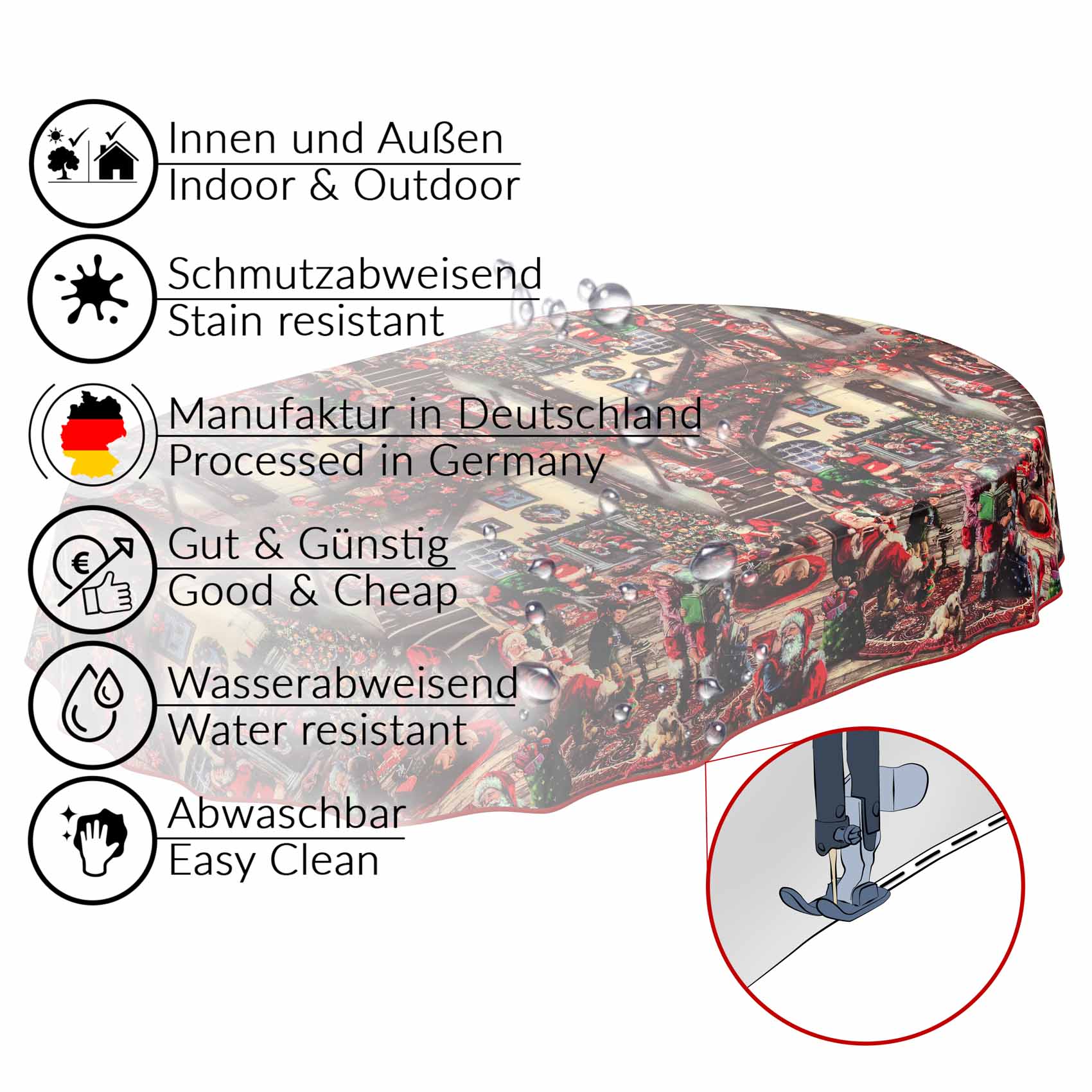 D0025D_33B Tischdecke Weihnachten Geschenk Weihnachtsman abwischbar Wachstuch Wachstuchtischdecke – Oval 180x140cm, Paspelband (Eingefasst)