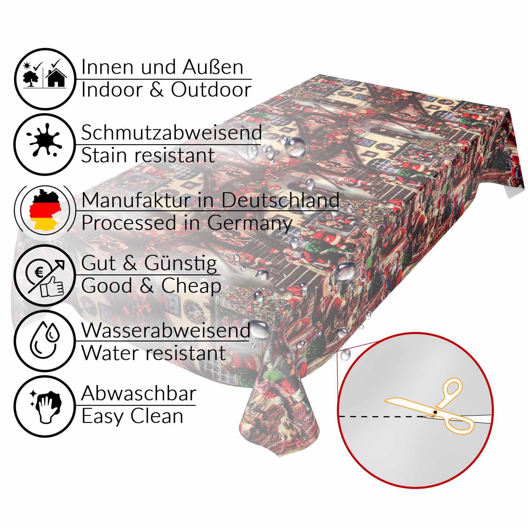 D0025D_34 Tischdecke Weihnachten Geschenk Weihnachtsman abwischbar Wachstuch Wachstuchtischdecke – 280x140cm, Schnittkante