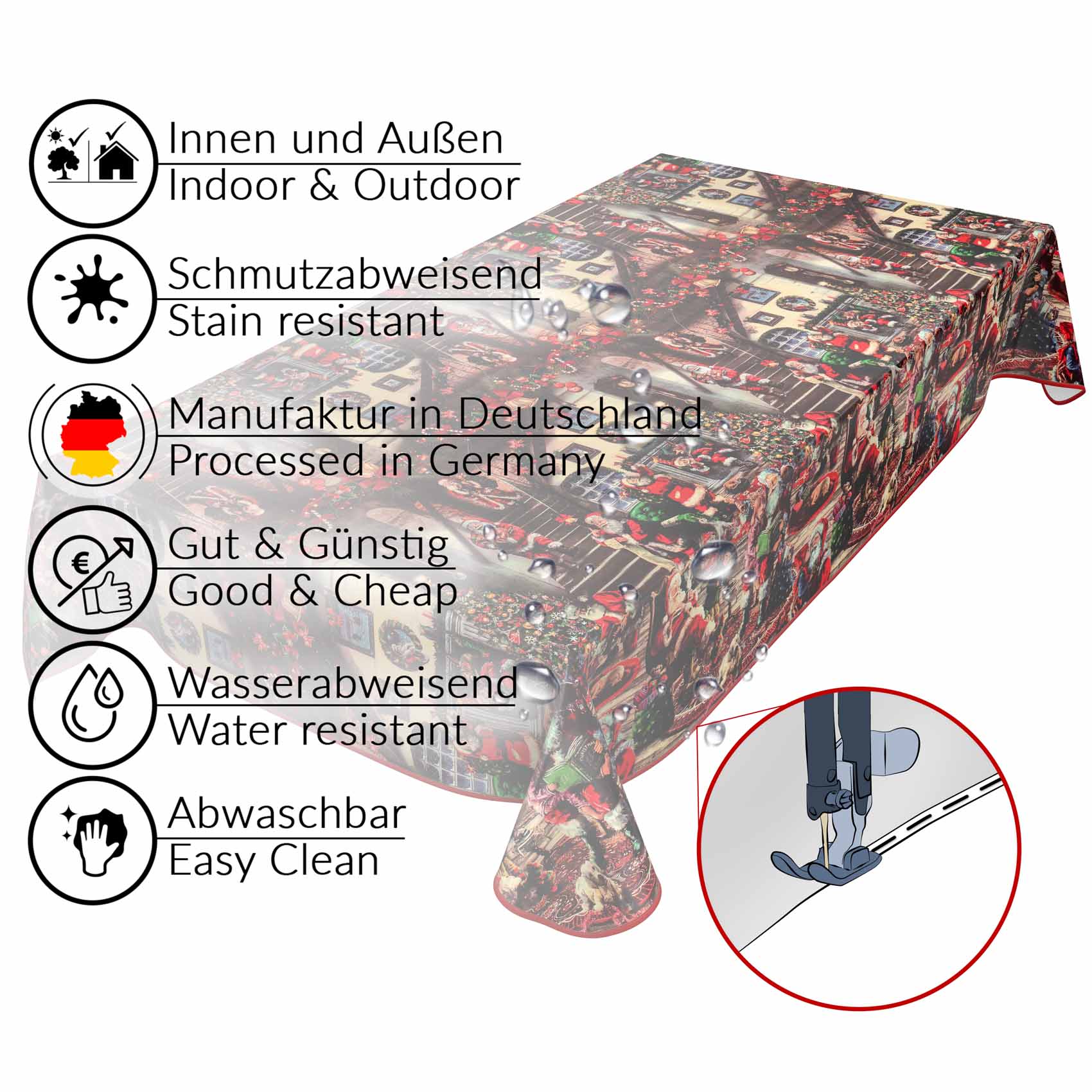 D0025D_34B Tischdecke Weihnachten Geschenk Weihnachtsman abwischbar Wachstuch Wachstuchtischdecke – 220x140cm, Paspelband (Eingefasst)