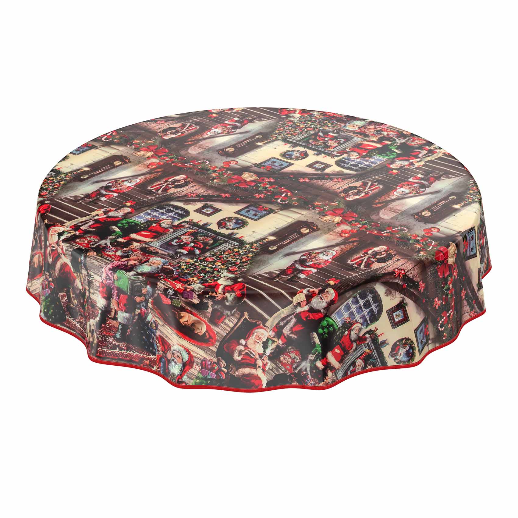 D0025D_50B Tischdecke Weihnachten Geschenk Weihnachtsman abwischbar Wachstuch Wachstuchtischdecke – Rund 120cm, Paspelband (Eingefasst)