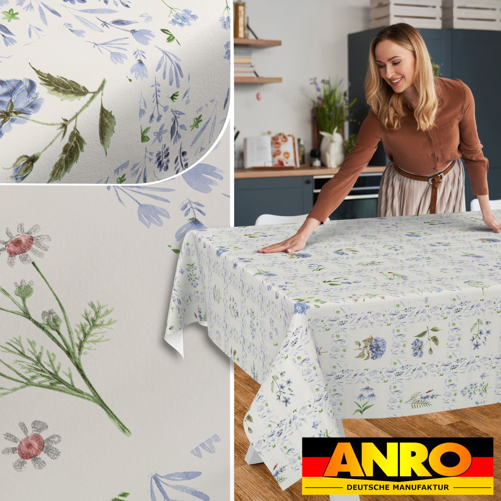 E48320E_SQ_50 Wachstischdecke Wachstuch Tischdecke Wachstuch Meterware Tischdecke abwaschbar Gartentischdecke Blumenkaro Blau – 90x130cm, Schnittkante