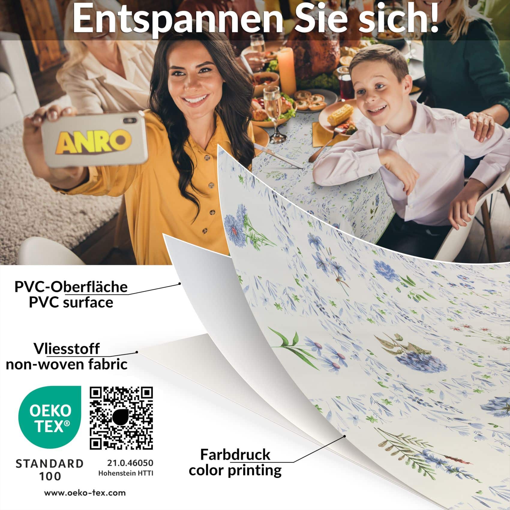 E48320E_80 Wachstischdecke Wachstuch Tischdecke Wachstuch Meterware Tischdecke abwaschbar Gartentischdecke Blumenkaro Blau – 90x130cm, Schnittkante