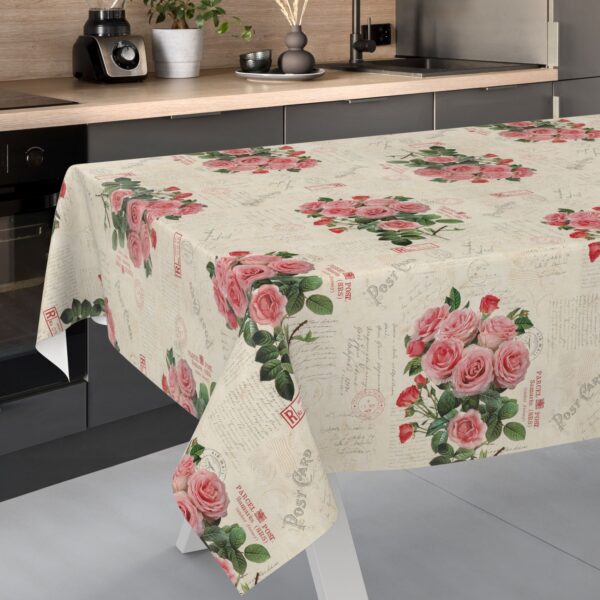 Wachstischdecke Wachstuch Tischdecke Wachstuch Meterware Tischdecke abwaschbar Gartentischdecke Postkarte Rosen – 100x140cm, Schnittkante