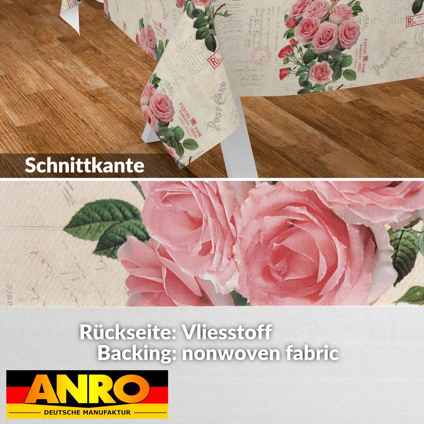 Wachstischdecke Wachstuch Tischdecke Wachstuch Meterware Tischdecke abwaschbar Gartentischdecke Postkarte Rosen – 100x140cm, Schnittkante
