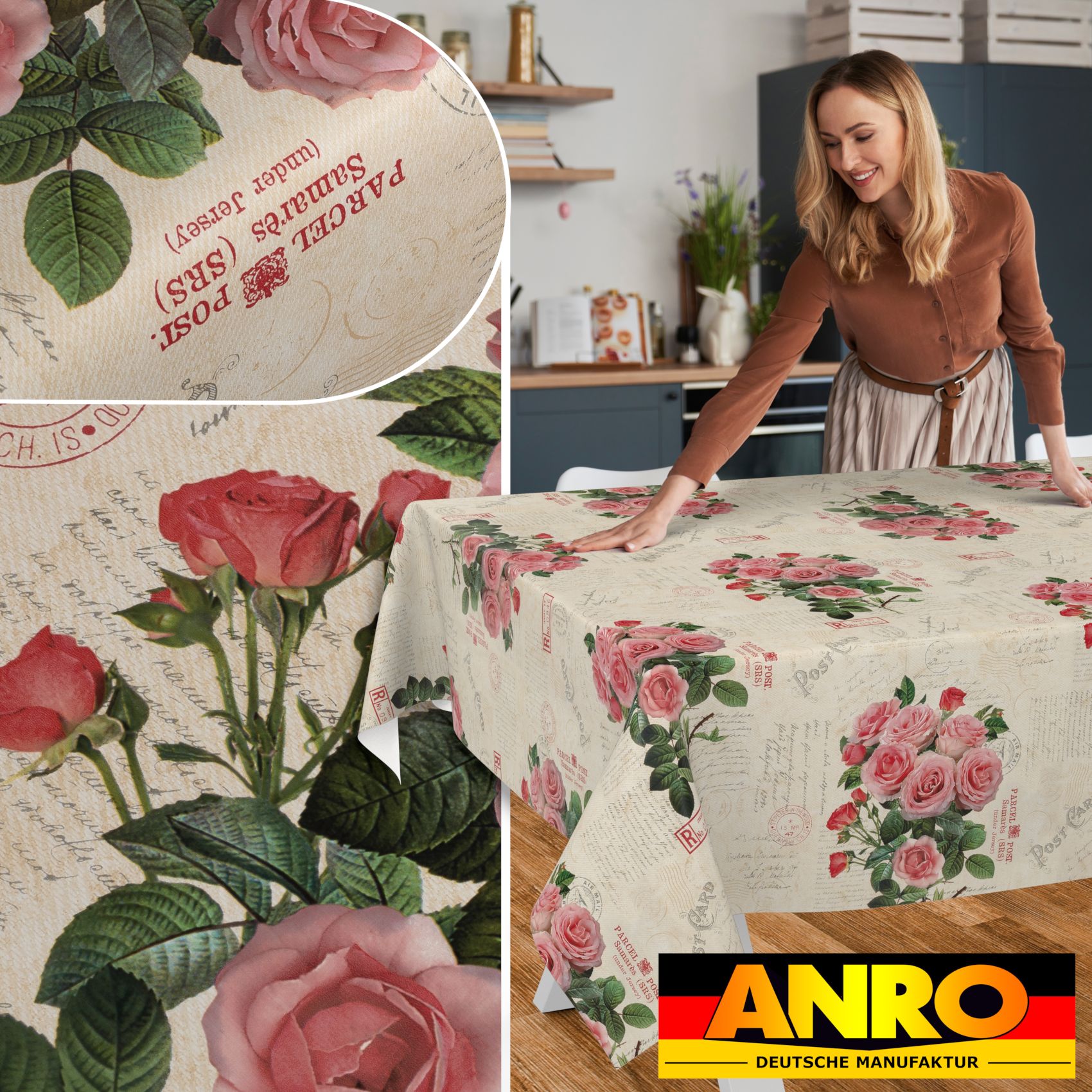 Wachstischdecke Wachstuch Tischdecke Wachstuch Meterware Tischdecke abwaschbar Gartentischdecke Postkarte Rosen – 100x140cm, Schnittkante