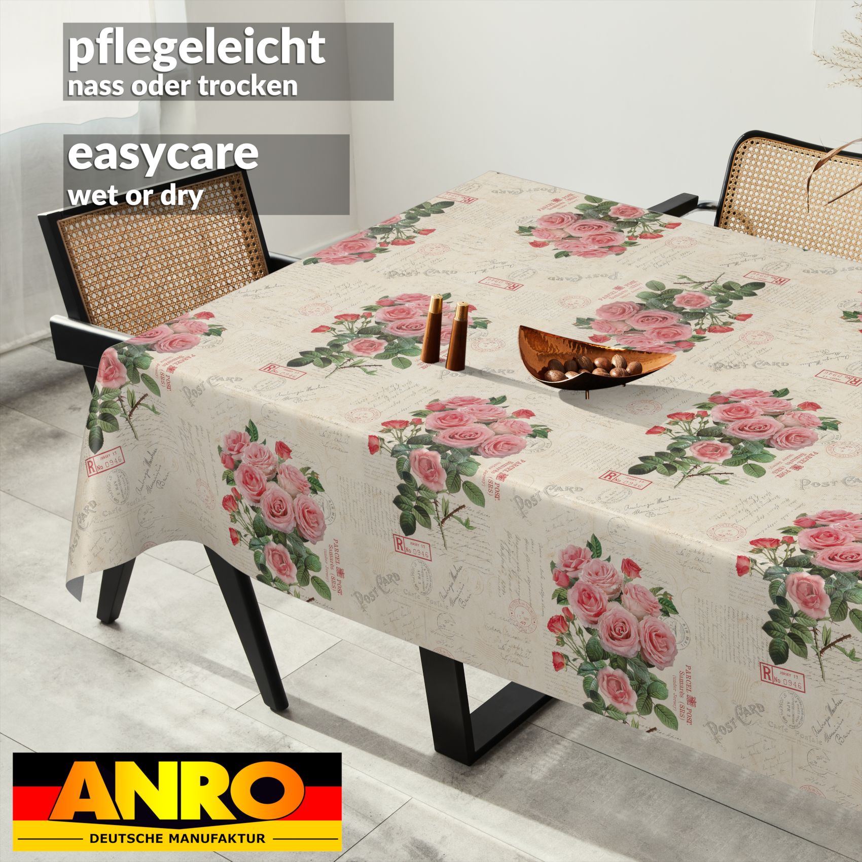 Wachstischdecke Wachstuch Tischdecke Wachstuch Meterware Tischdecke abwaschbar Gartentischdecke Postkarte Rosen – 100x140cm, Schnittkante