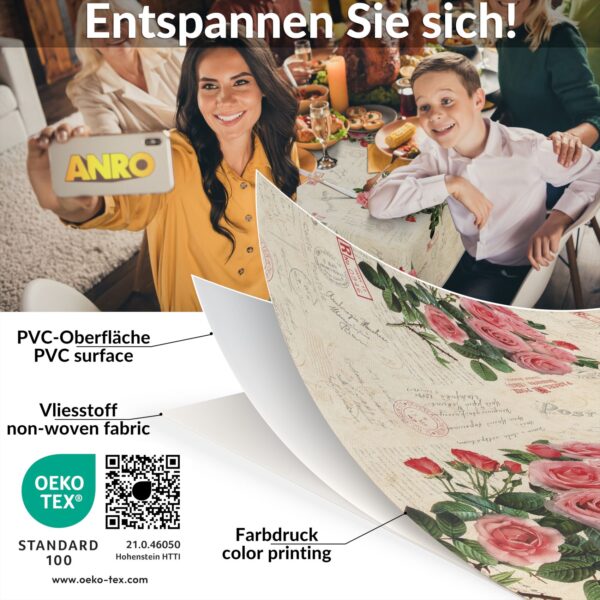 Wachstischdecke Wachstuch Tischdecke Wachstuch Meterware Tischdecke abwaschbar Gartentischdecke Postkarte Rosen – 100x140cm, Schnittkante