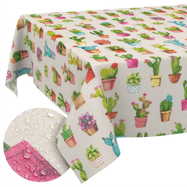 Tischdecke aus Stoff Textil Tischwäsche abwaschbar Tischtuch Baumwolle Polyester Cactus In-/Outdoor Tischdecke – 90x130cm, Schnittkante