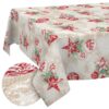 Weihnachtstischdecke Textil Tischdecke Tischwäsche abwaschbar Tischtuch Baumwolle Polyester Stern Kugel Rot Beige – 90x130cm, Schnittkante