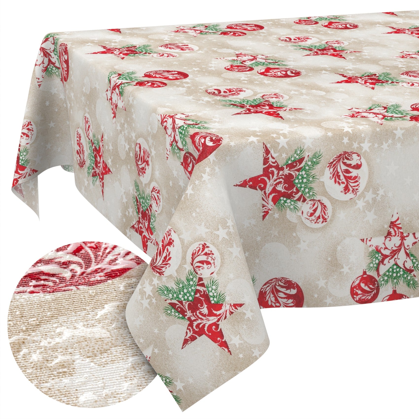MRT68848_SQ_10 Weihnachtstischdecke Textil Tischdecke Tischwäsche abwaschbar Tischtuch Baumwolle Polyester Stern Kugel Rot Beige – 280x140cm, Schnittkante