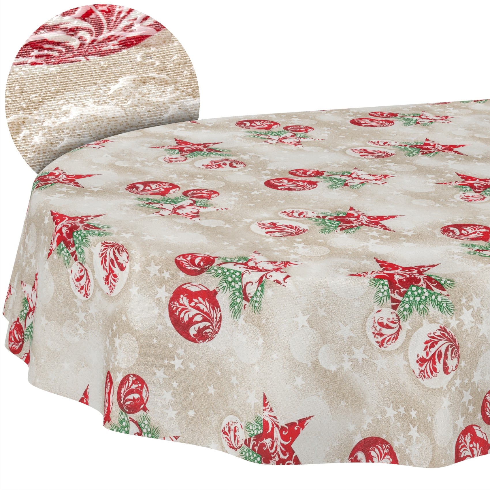 MRT68848_OV_10 Weihnachtstischdecke Textil Tischdecke Tischwäsche abwaschbar Tischtuch Baumwolle Polyester Stern Kugel Rot Beige – Oval 160x140cm, Schnittkante