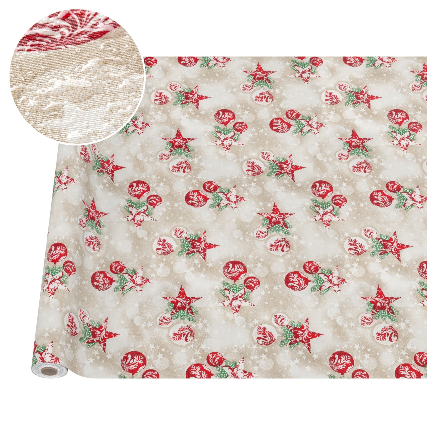 MRT68848_10 Weihnachtstischdecke Textil Tischdecke Tischwäsche abwaschbar Tischtuch Baumwolle Polyester Stern Kugel Rot Beige – 2000x140cm (20m), Schnittkante
